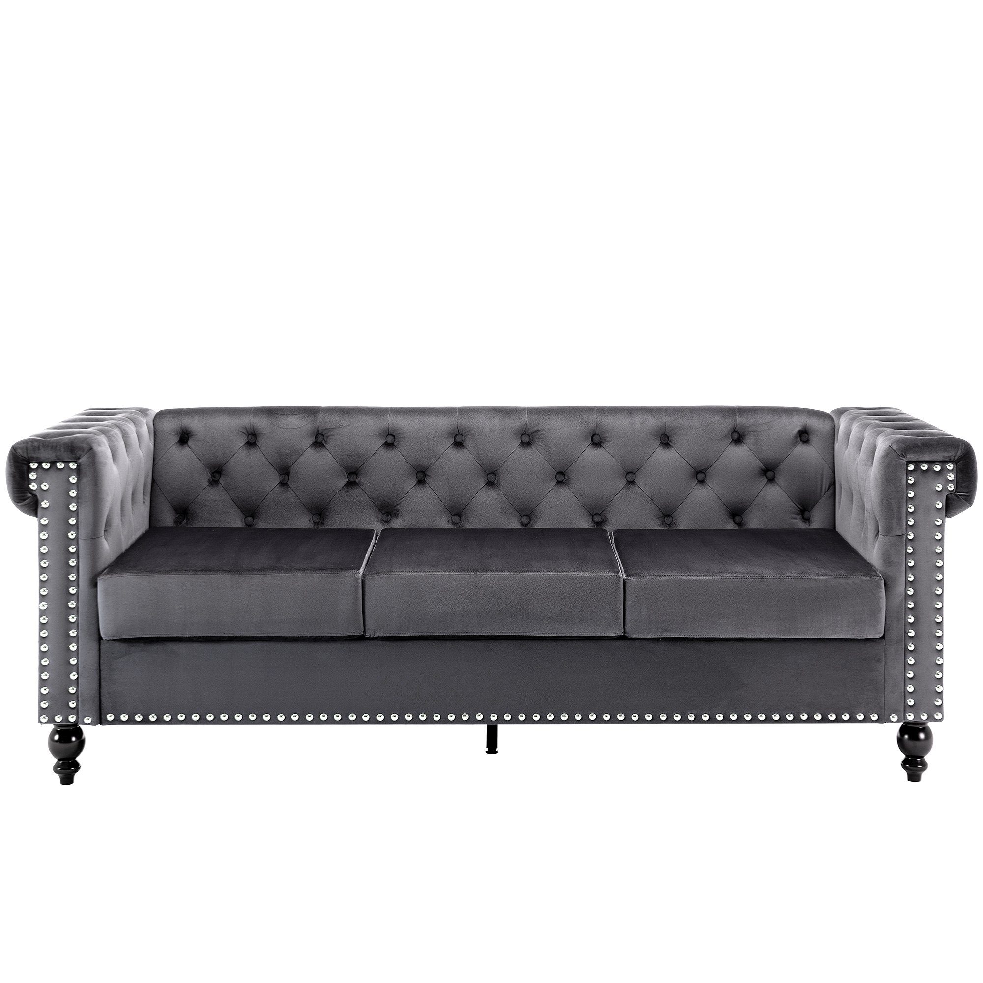 3-Sitzer, mit edler Knopfheftung und typischen Armlehnen, Sofa in Chesterfield-Optik, mit Federkern und Holzfüße, Bezug aus Samt