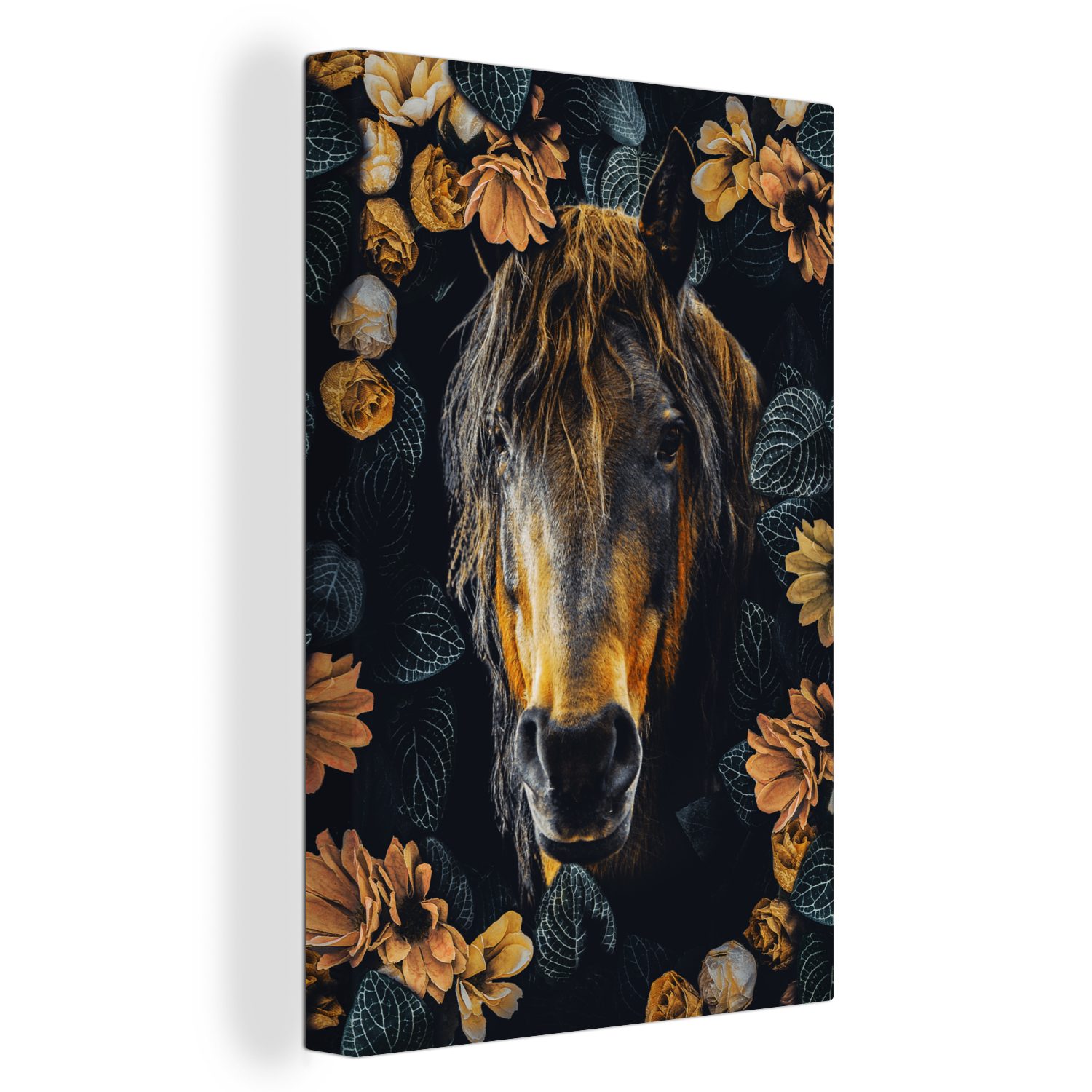 OneMillionCanvasses® Leinwandbild Zackenaufhänger, - 20x30 Leinwandbild Pferd inkl. St), cm bespannt fertig Blumen Orange, (1 - Gemälde
