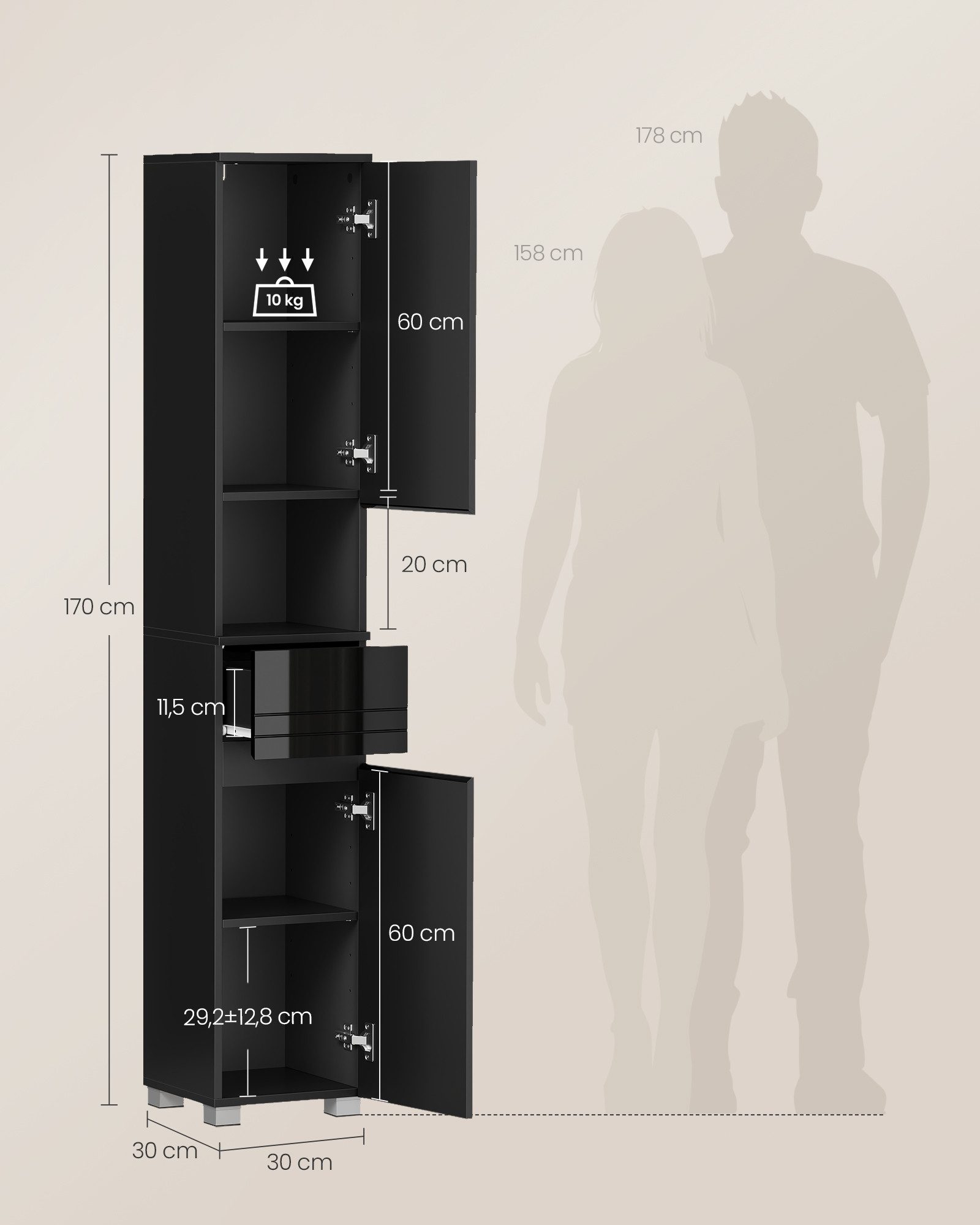 VASAGLE Badkommode Badezimmerschrank Badschrank verstellbare Ablagen, 30 x 30 x 170 cm, mit einer Schublade, Badezimmermöbel, offenes Fach – Bild 5 von 5