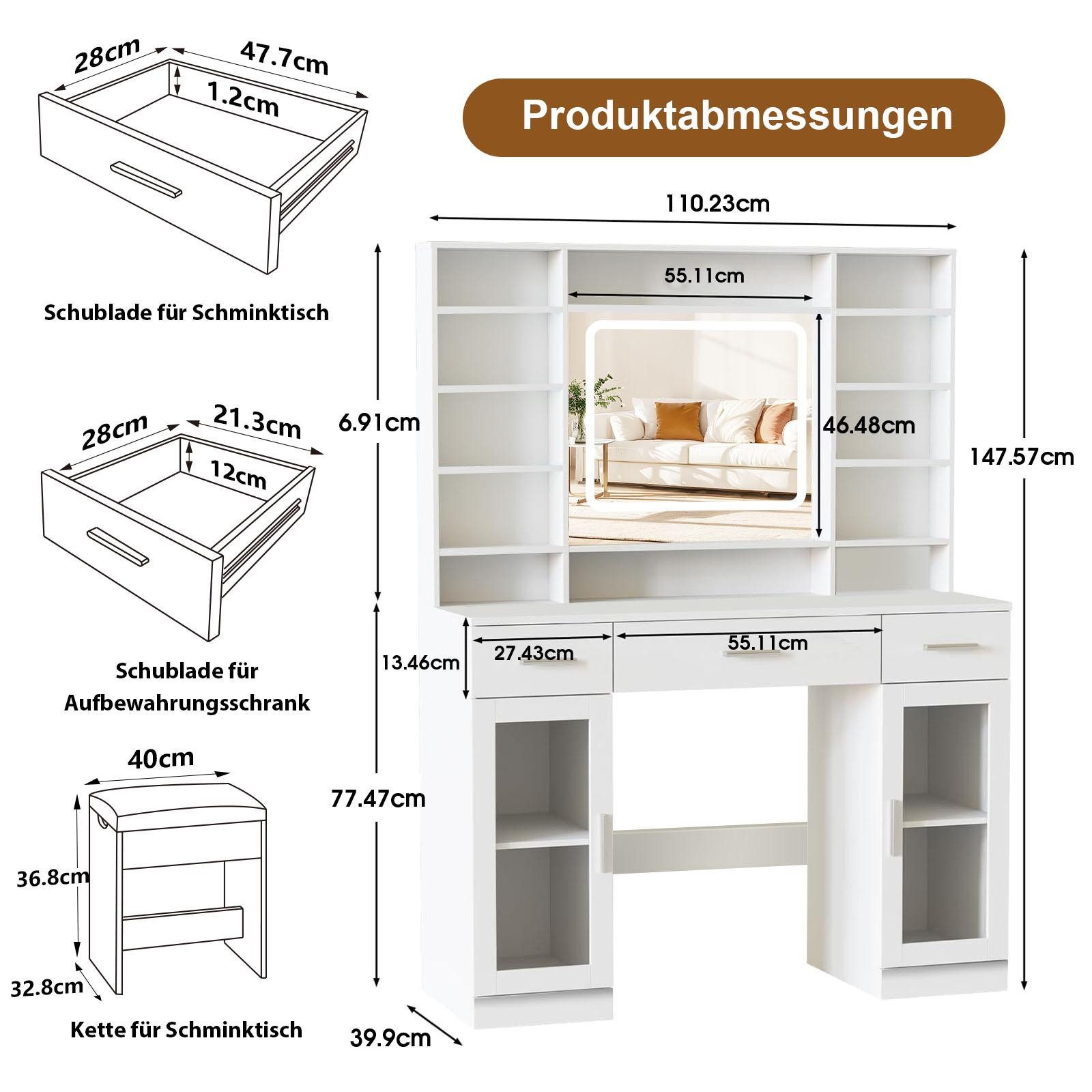 BBG Schminktisch Schminktisch mit LED-Spiegel, 3 Schubladen und 2 Türen, di günstig online kaufen