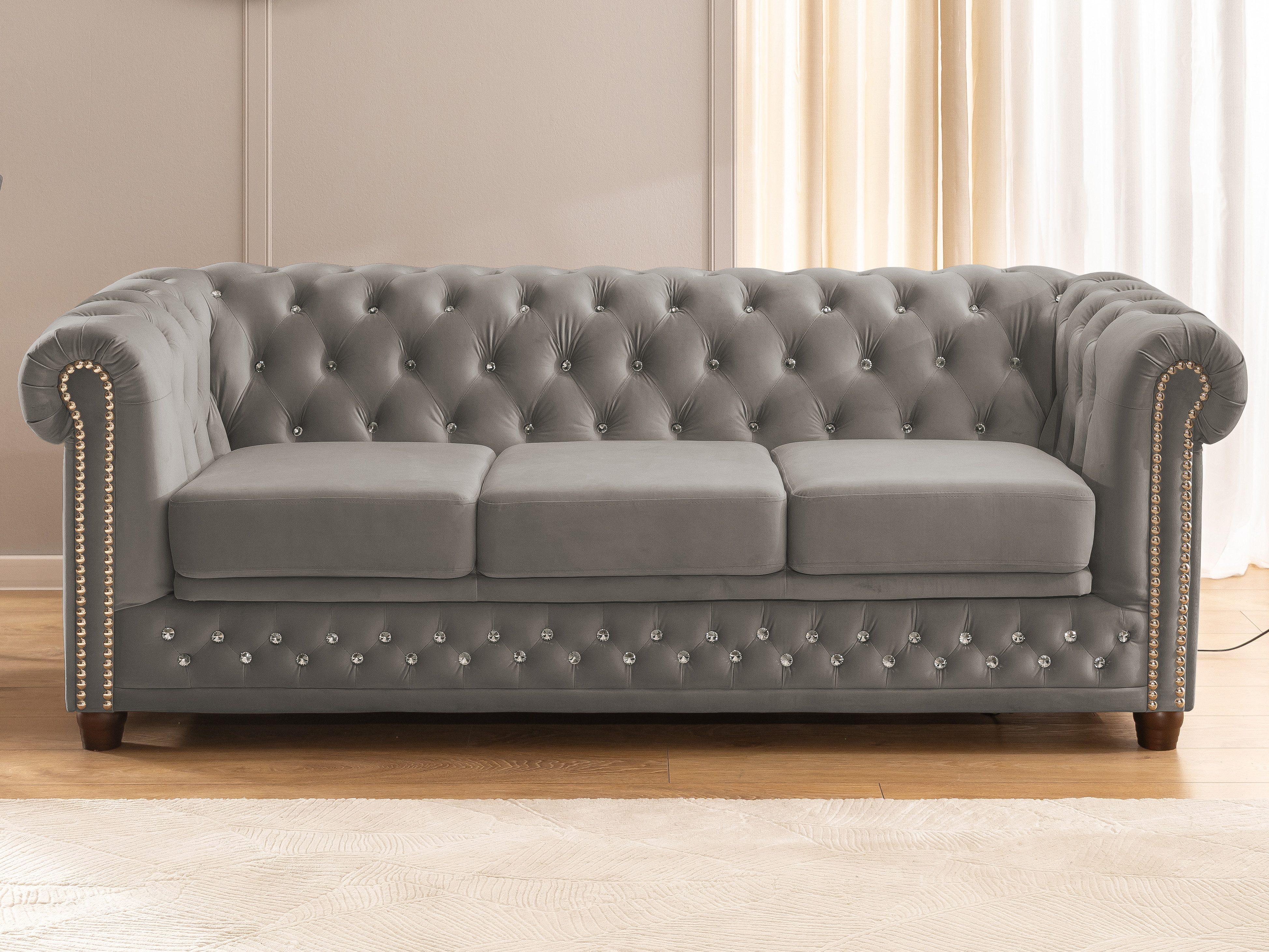 S-Style Möbel Chesterfield-Sofa 3-Sitzer mit Schlaffunktion Cleo Blink aus Samt mit Kristallsteppung, mit Wellenfederung