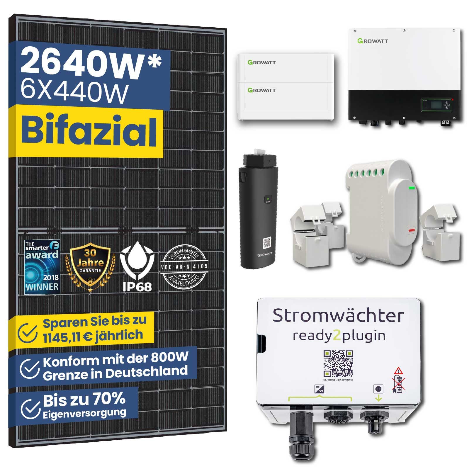 Stegpearl Solaranlage Smart Balkonkraftwerk mit Speicher 2640W/3520W/5280W, 2640 W, Monokristallin, (6x 440W Bifazial module Balkonkraftwerk Photovoltaikanlage mit Ready2plugin Stromwächter, 5,12kWh Stromspeicher 3000W Notstromsteckdose), Konform mit der 800W-Grenze in Deutschland