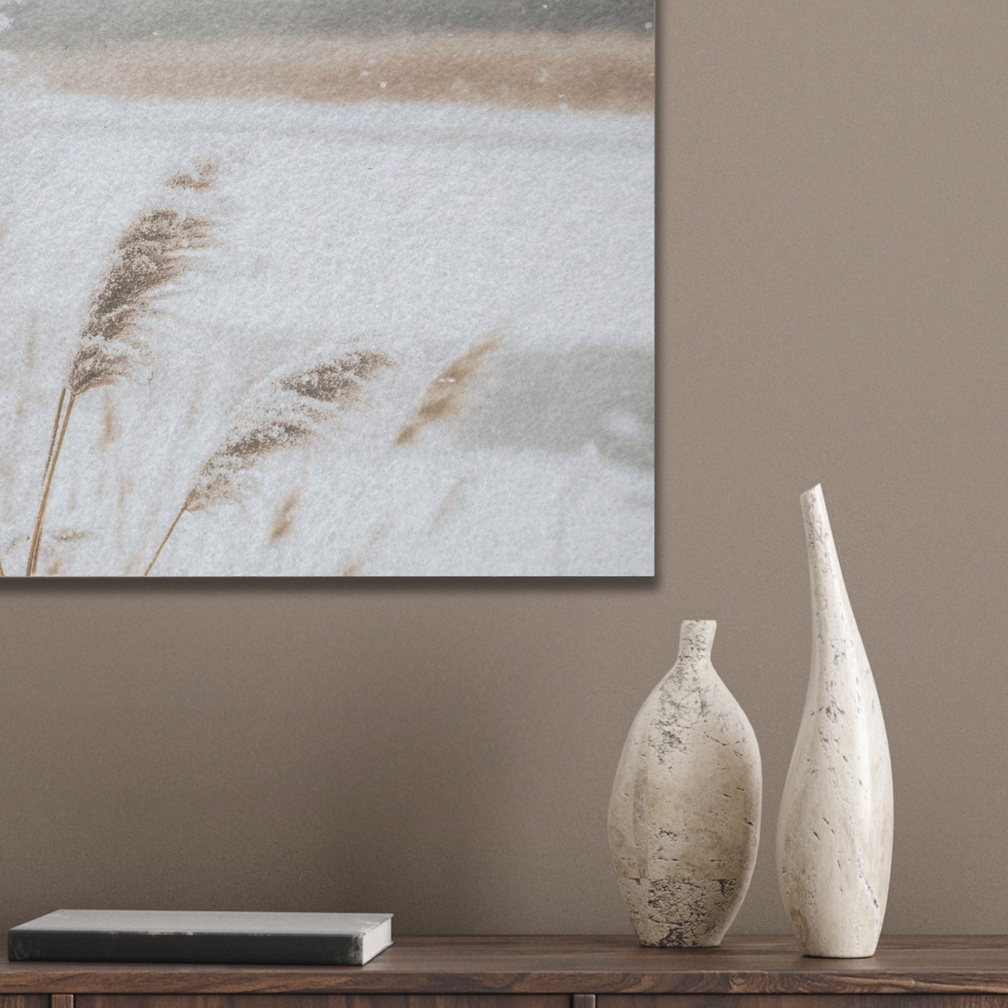 MuchoWow Gemälde Schilf - See - Winter - Natur - Schnee - Beige, Fotodruck (1 St), Akustikpaneele PET-Filz, Akustikbild, Schalldämmung, Deko 40x30 cm