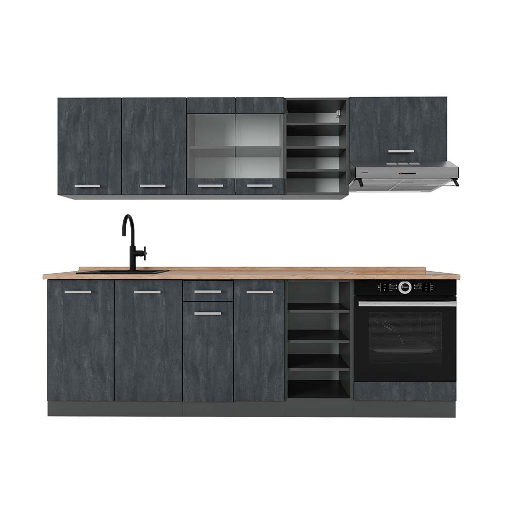Vicco Küchenzeile R-Line, Schwarz Beton/Anthrazit, 240 cm AP Eiche