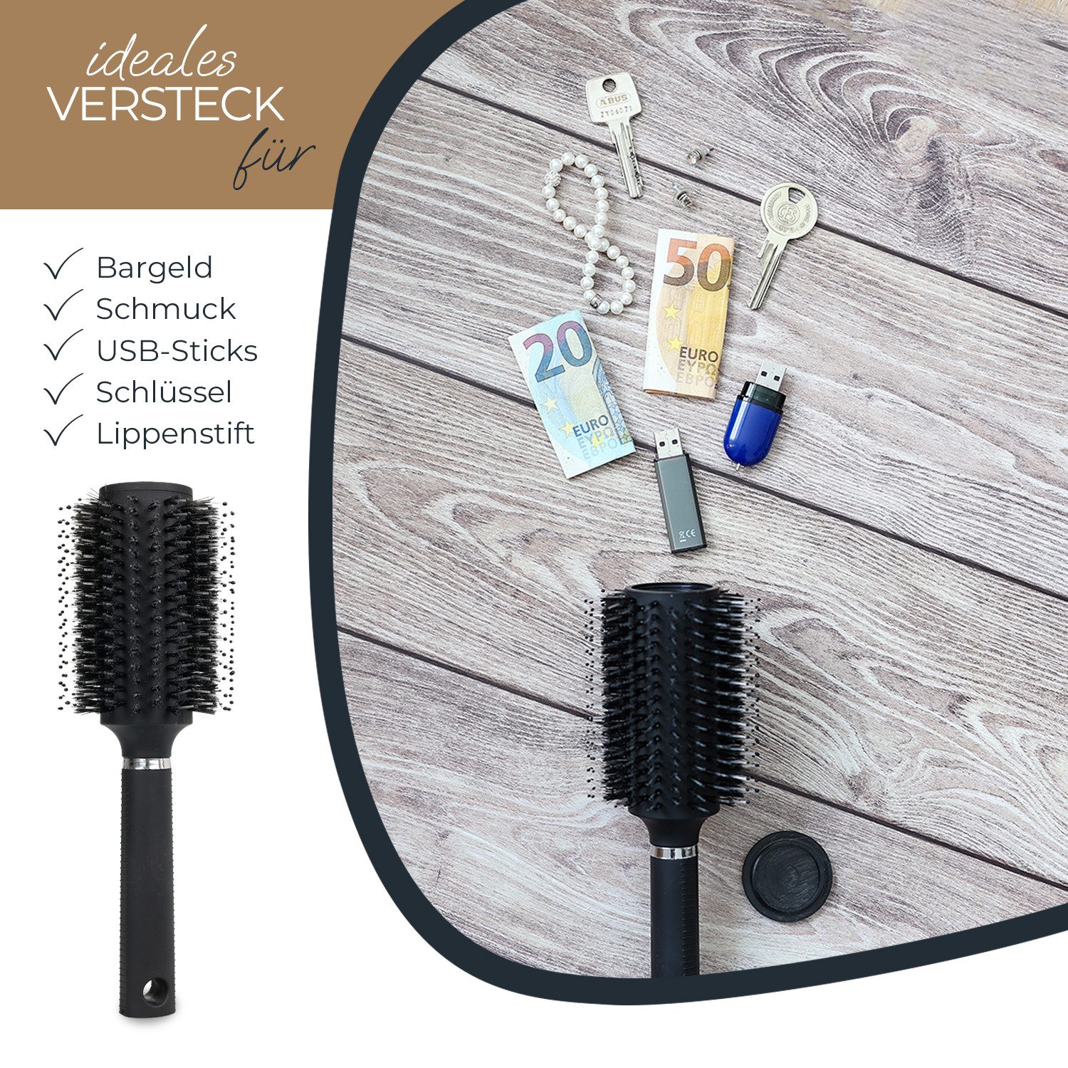HMF Tresor Geldversteck für Zuhause und Reise, Haarbürste, mit Geheimversteck im Bürstenkopf, 23,5 x 8 x 8 cm