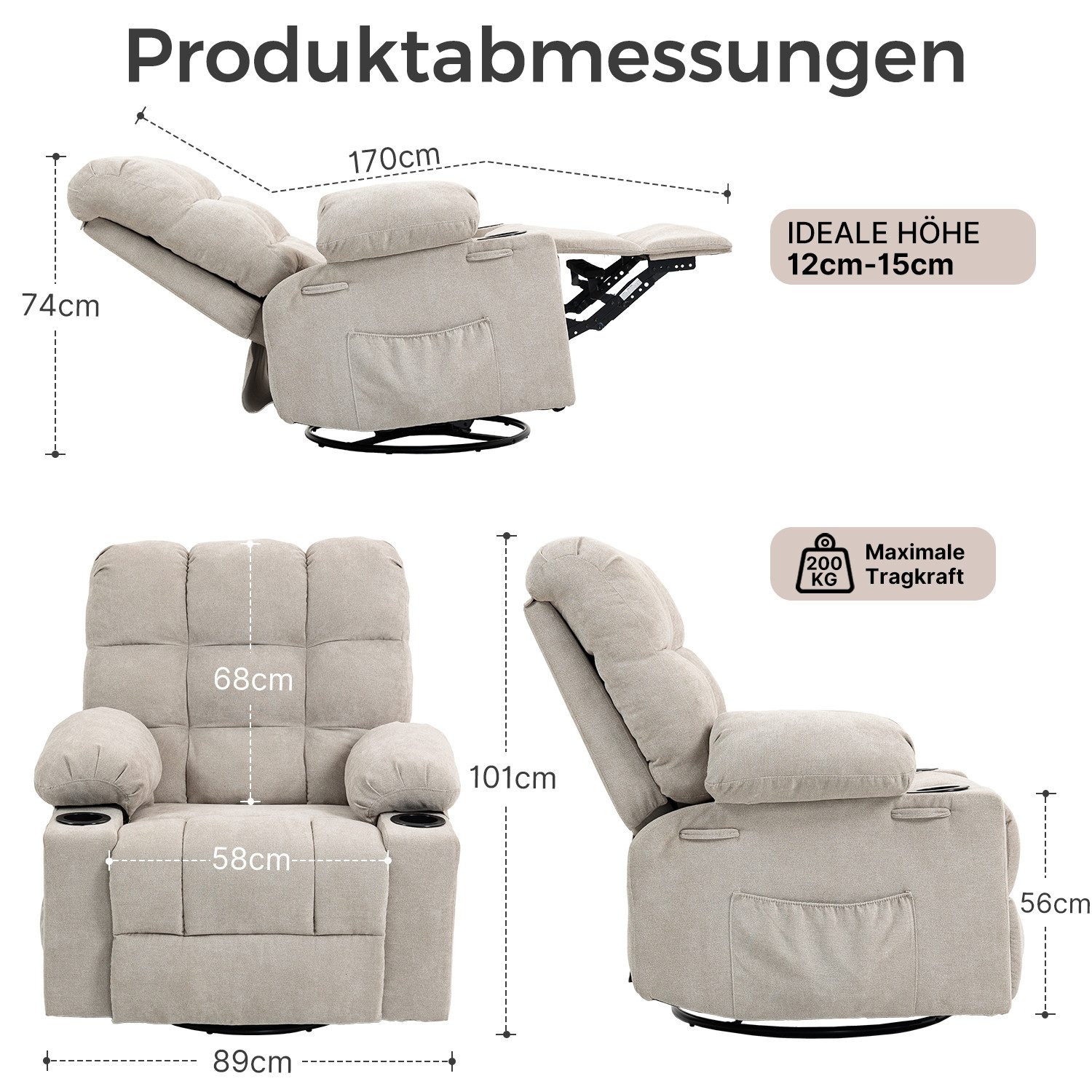 BRTHORY Relaxsessel Massagesessel mit 8-Punkt-Vibration & Wärme – 360° Drehung (1-St), Wipp- & Liegefunktion, Bequemer Relaxsessel aus Chenille