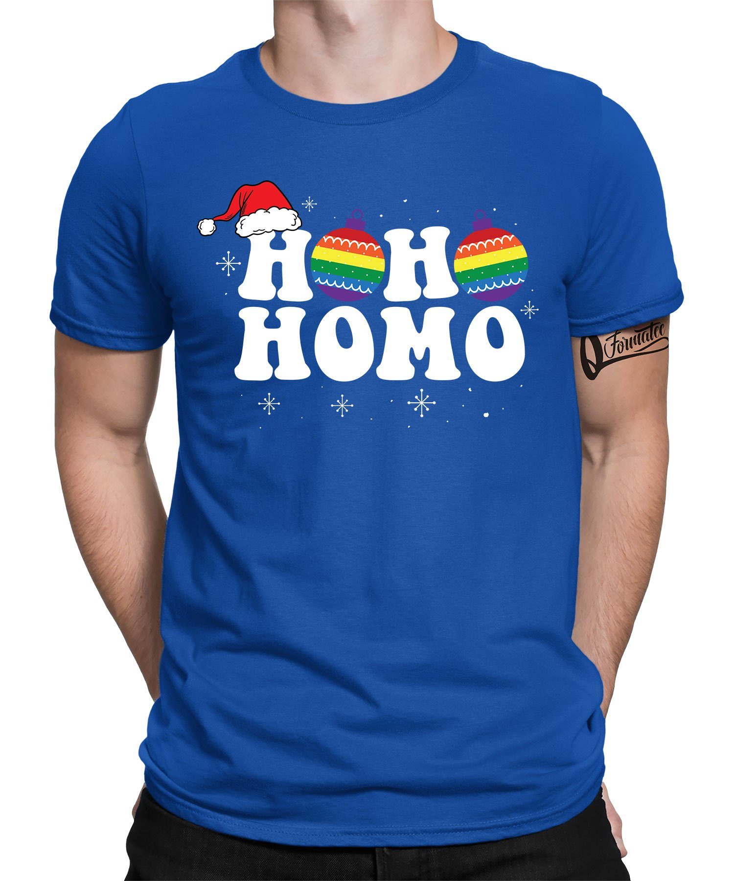 Quattro Formatee Kurzarmshirt LGBT Gay Regenbogen Ho Ho Homo Christmas - Weihnachten X-mas Weihnacht (1-tlg) Blau