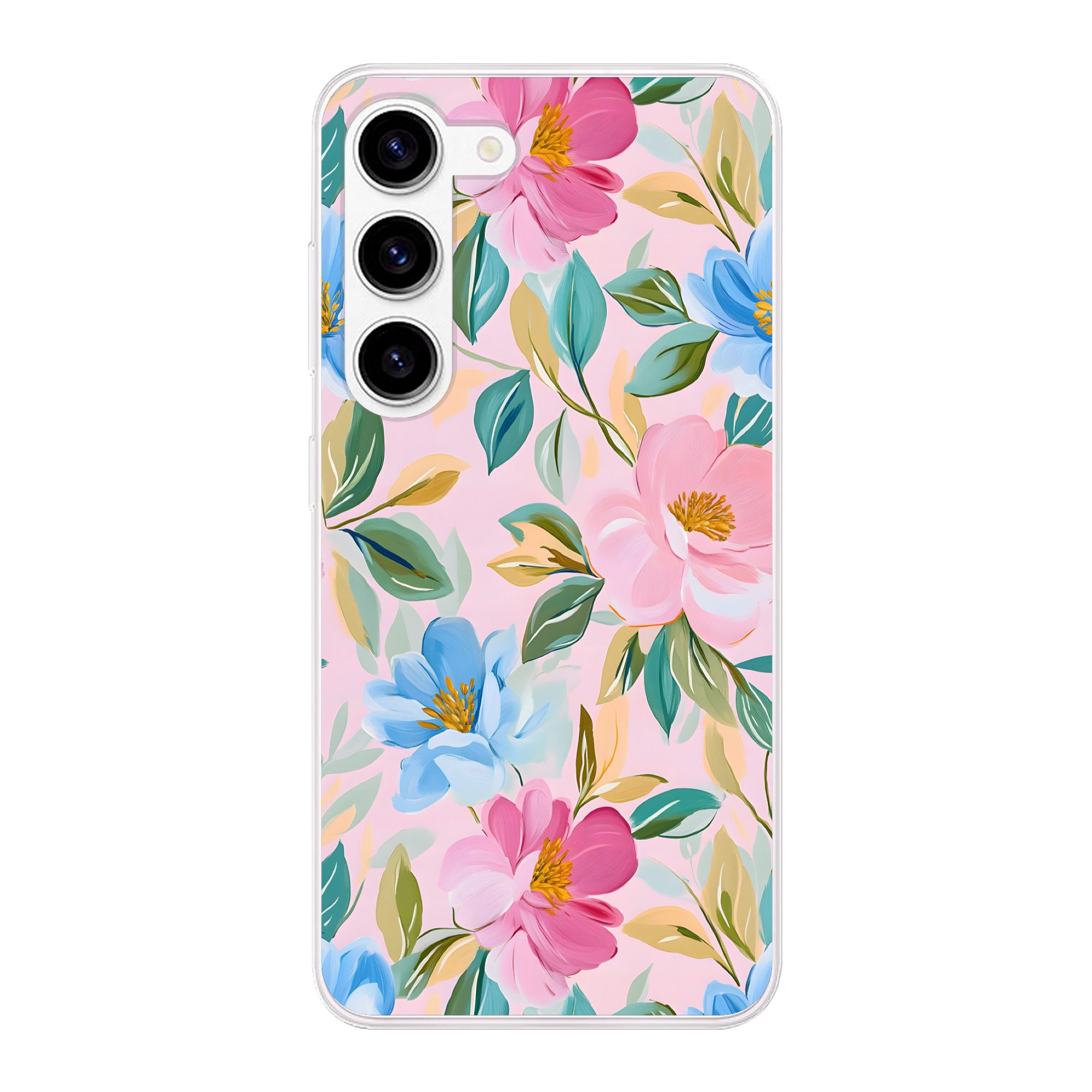 MuchoWow Handyhülle für Samsung Galaxy S23 Blau - Rosa - Blumen, Phone Case, Silikon, Schutzhülle Dünn