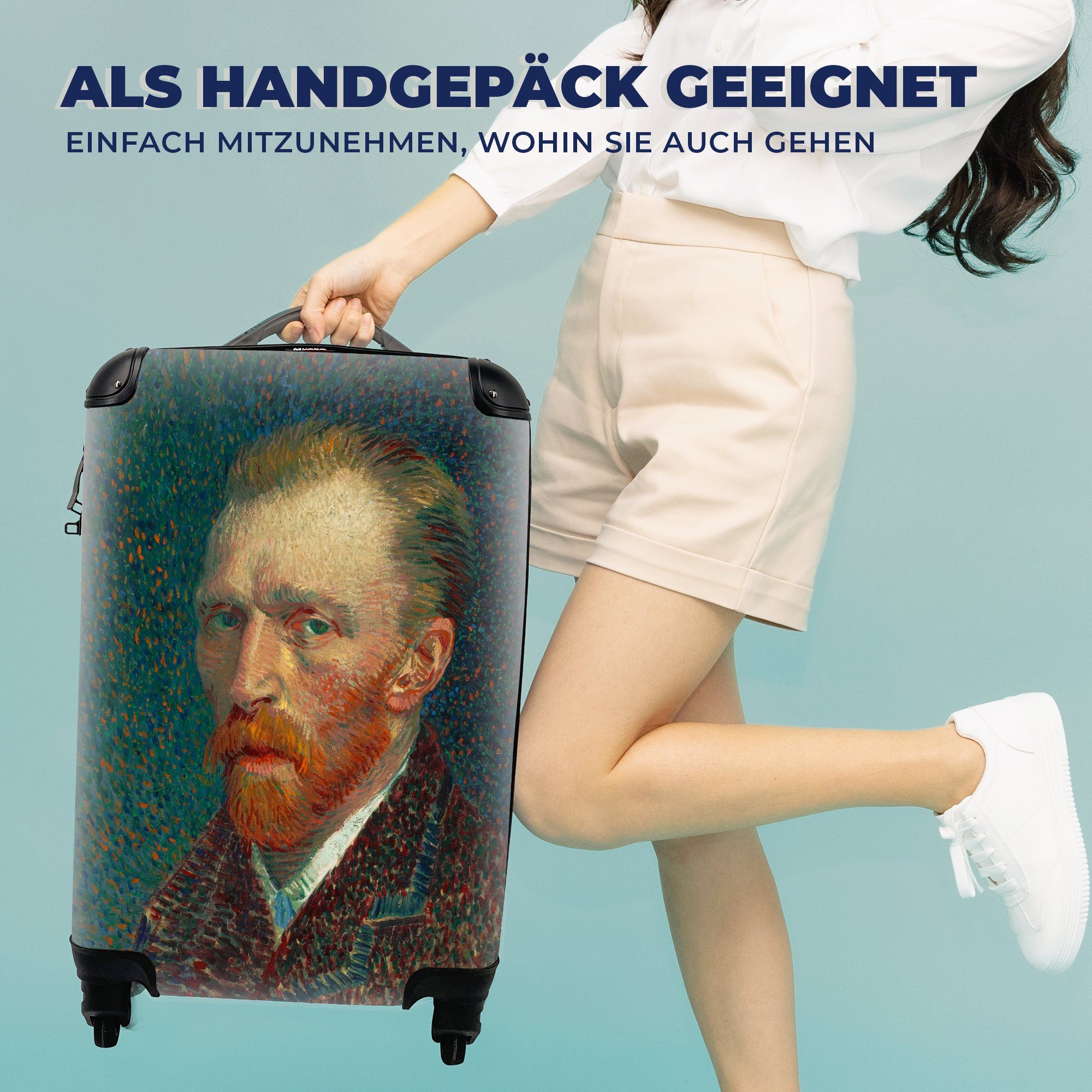 van Gogh, - Vincent Rollen, Selbstporträt mit Handgepäckkoffer Reisetasche MuchoWow für Ferien, rollen, 4 Reisekoffer Trolley, Handgepäck