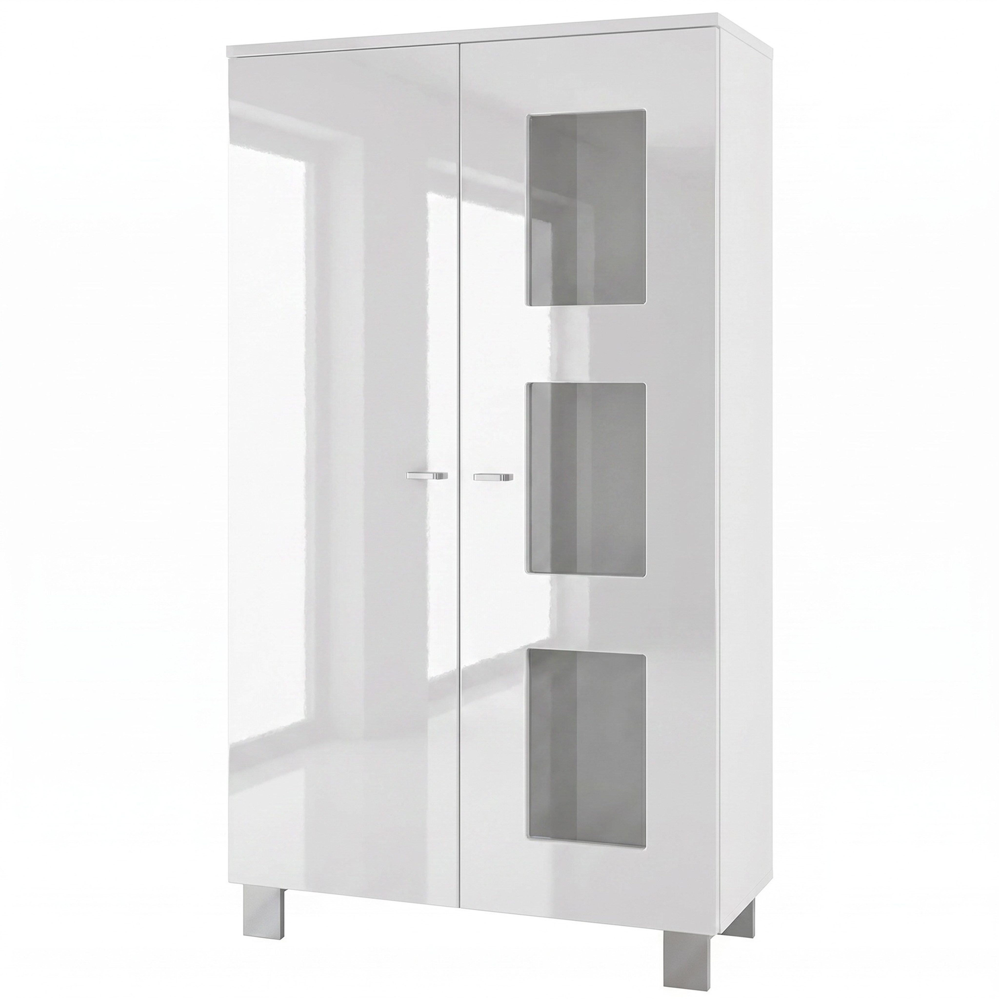 Vladon Standvitrine Denjo (Standvitrine, mit 2 Türen und 3 Glaseinsätzen) Weiß matt/ Weiß Hochglanz (71 x 129 x 35 cm)