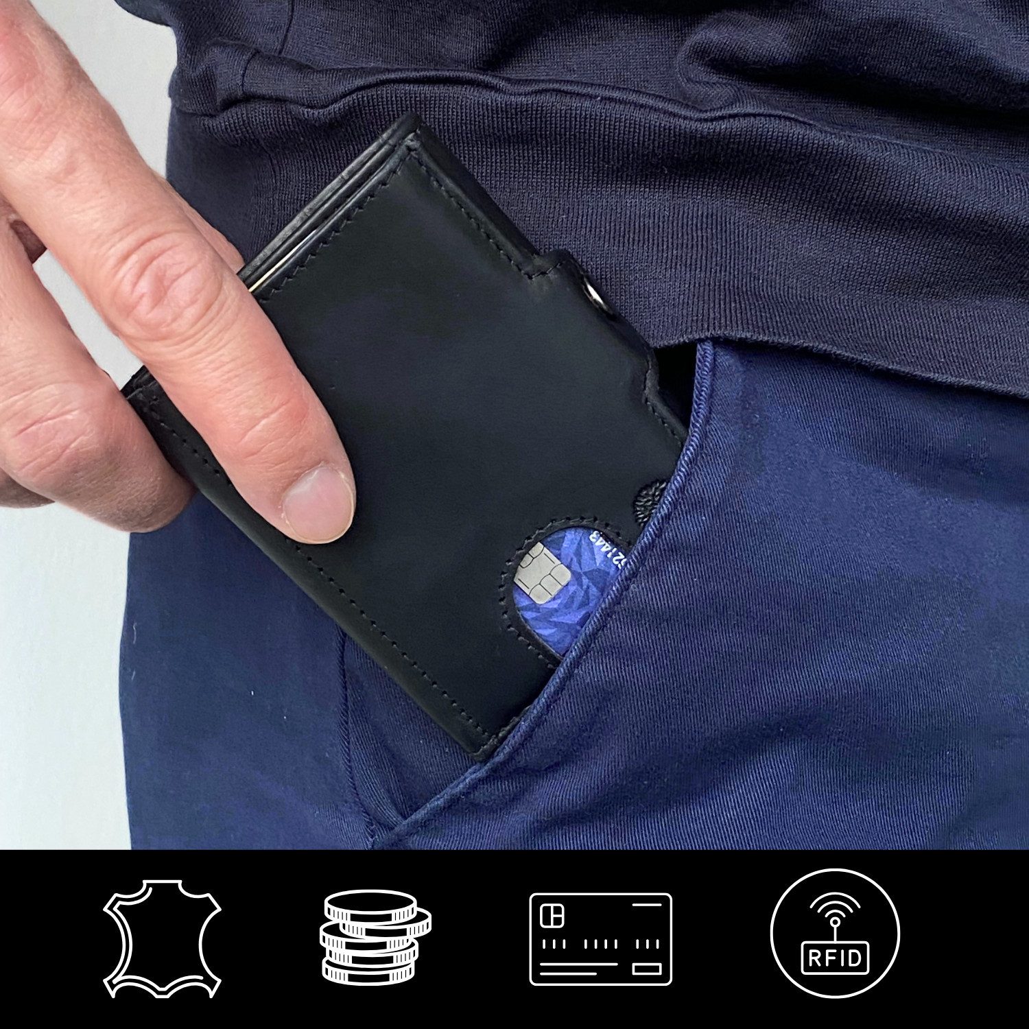 Frentree Mini Geldbörse Herren echtem Leder Slim Wallet mit Münzfach & RFID Schutz, 10 Karten und Bargeld, Kartenetui für unterwegs, Portemonnaie klein