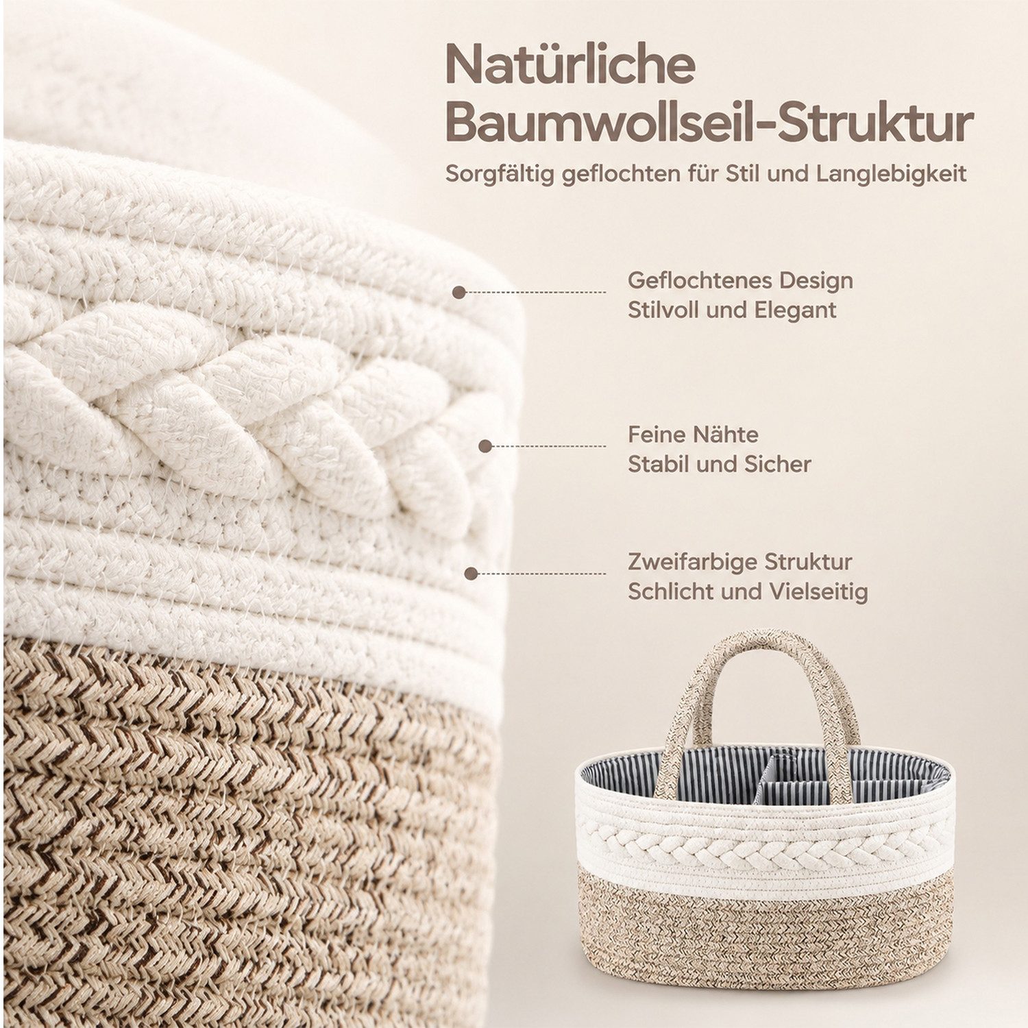 HEYHIPPO Aufbewahrungskorb Aufbewahrungskorb aus Baumwolle,38×22,9×17,8 cm, braun,für Wickeltisch (Herausnehmbarer Einsatz,großes Fassungsvermögen,nass&trocken  – Bild 4 von 5