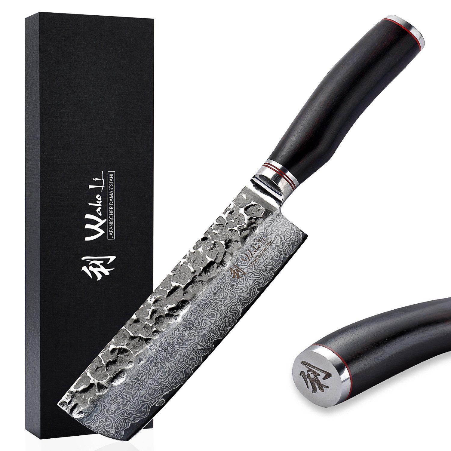 Wakoli Asiamesser EBO Damast Nakirimesser Küchenmesser Kochmesser 16,5 cm Klinge, aus 67 Lagen Damaststahl, VG10 Kern