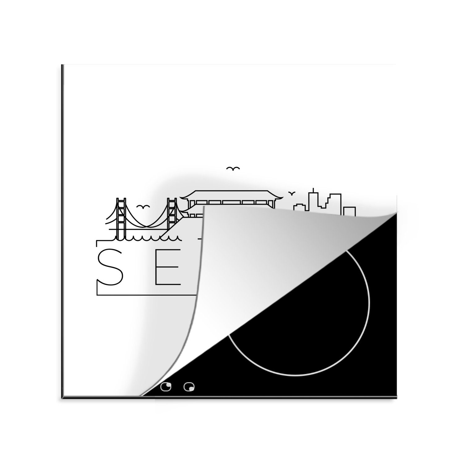 MuchoWow Herdblende-/Abdeckplatte Skyline "Seoul" schwarz auf weiß, Vinyl, (1 tlg), 78x78 cm, Ceranfeldabdeckung, Arbeitsplatte für küche