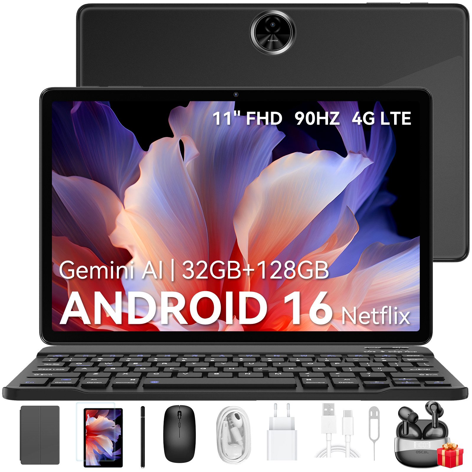 blackview 11 Zoll ZENO 5 Android 16 Tablet 90Hz mit Tastatur Stift Maus Tablet (128 GB, 4G LTE, PC 3,0, Widevine L1, Octa-Core, DokeOS_P 5.0 A16, 32(8+24)GB)