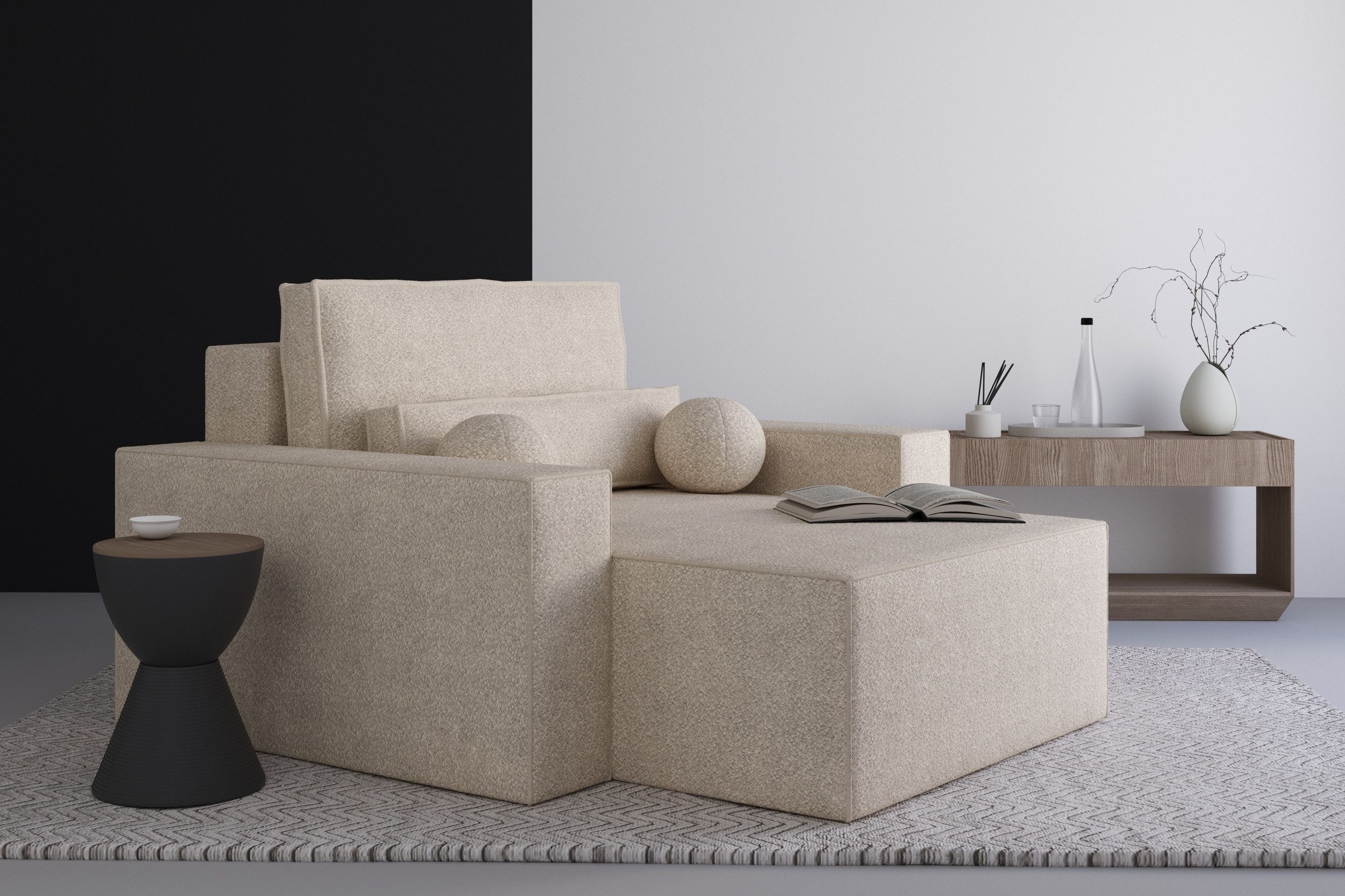 MOEBLO Chaiselongue Denver aus Bouclé, – Sitz- und Liegesessel Sofa Liegesofa Liegesessel 1-Sitzer, (BxHxT): 146x85x162 cm