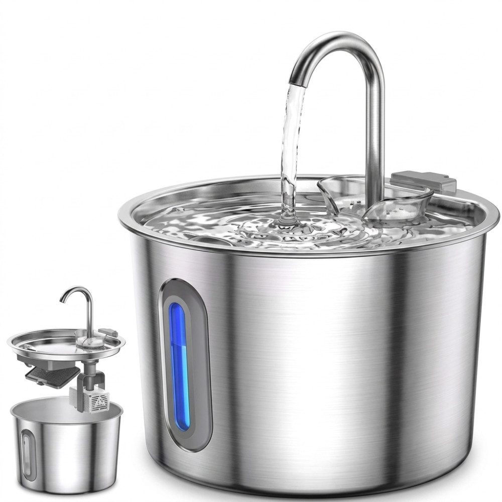 Athlix Napf Wassernapf für Katzen und Hunde, 2,2 l, mit dreifachem Filtersystem, Edelstahl, extrem leise Pumpe und LED-Anzeige