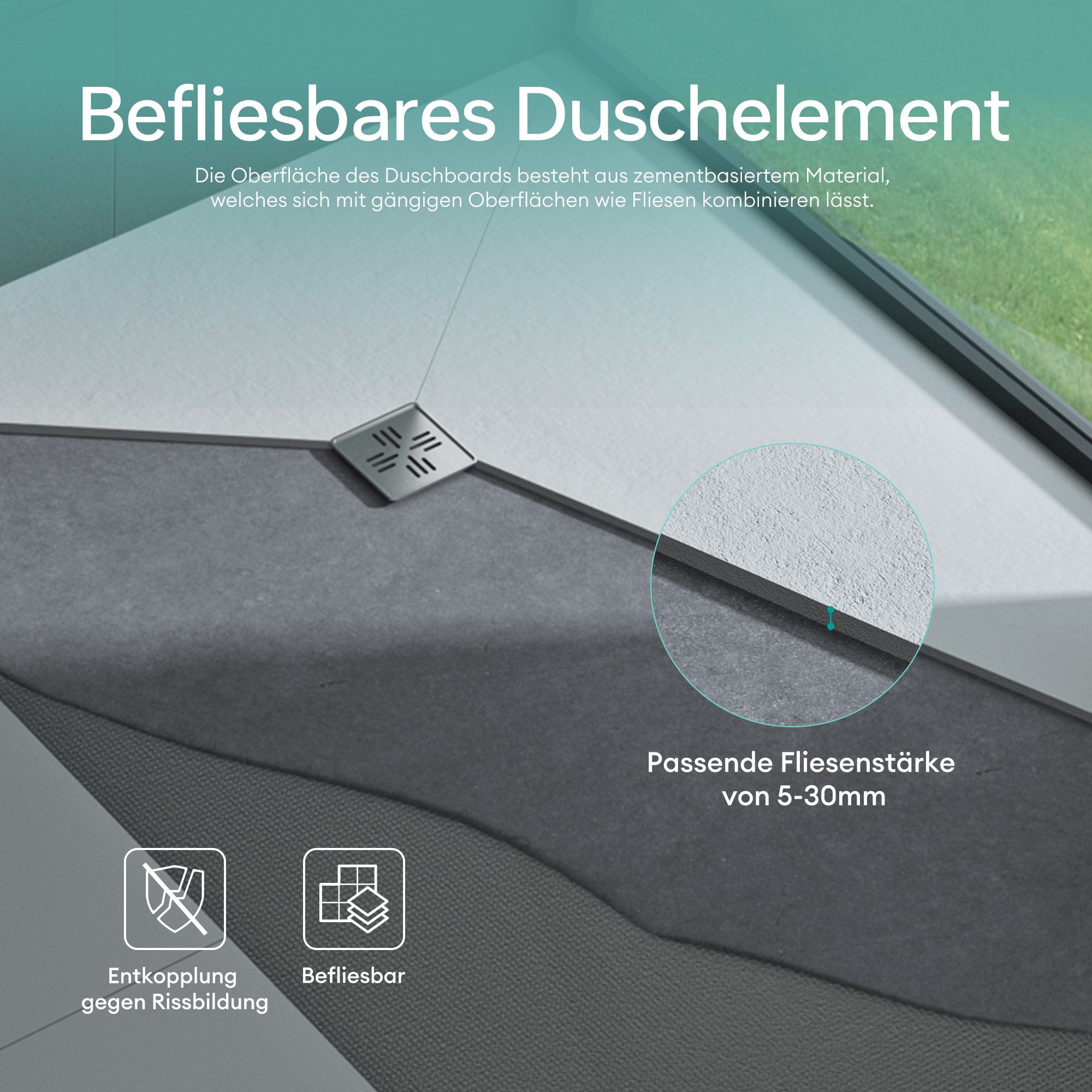 Mai & Mai Duschwanne Duschelement aus XPS befliesbar mit Duschrinne inkl. Ablaufgarnitur, XPS – Bild 4 von 5