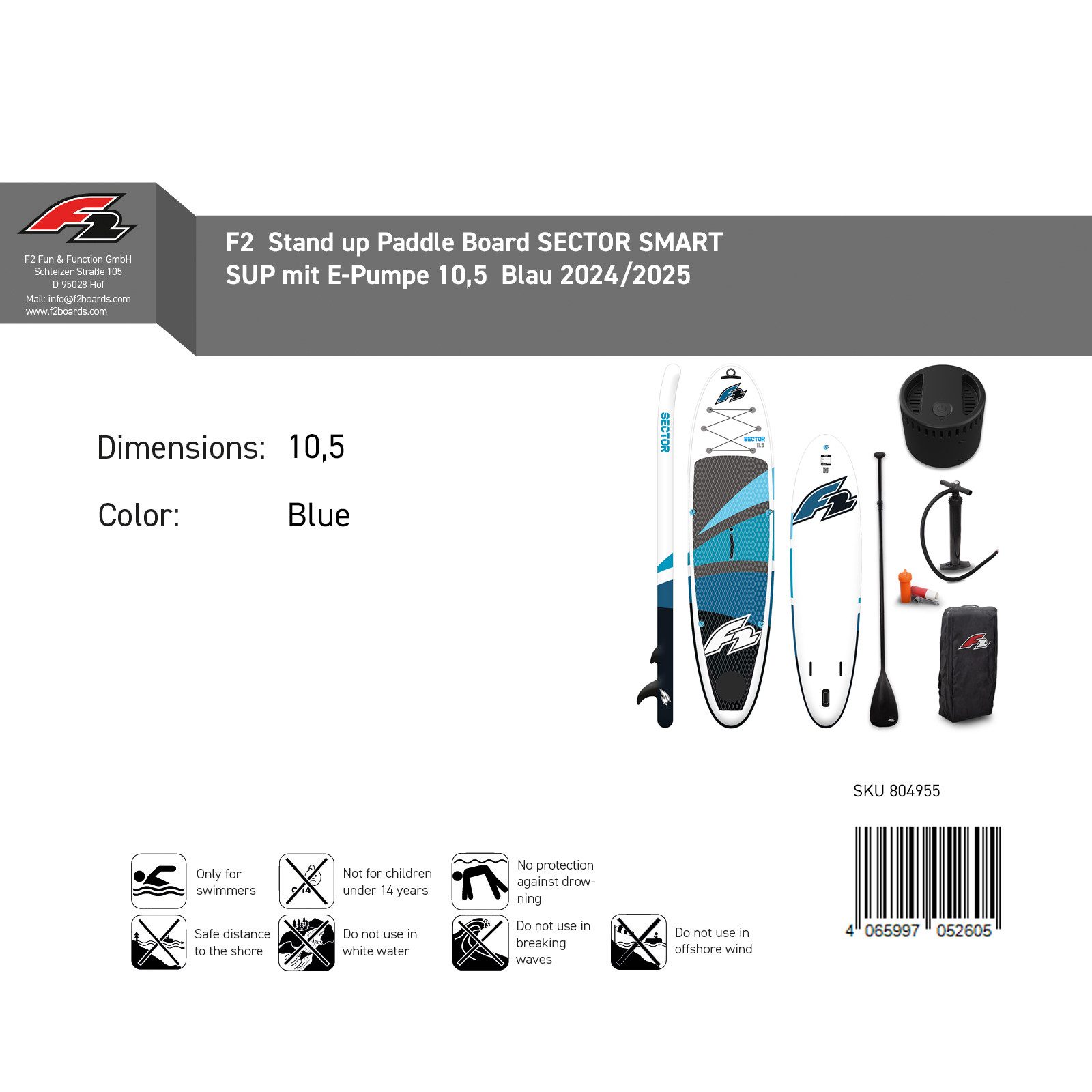 F2 SUP-Board F2 Stand up Paddle Board SECTOR SMART SUP mit E-Pumpe 10,5 Blau, Stand up paddle board