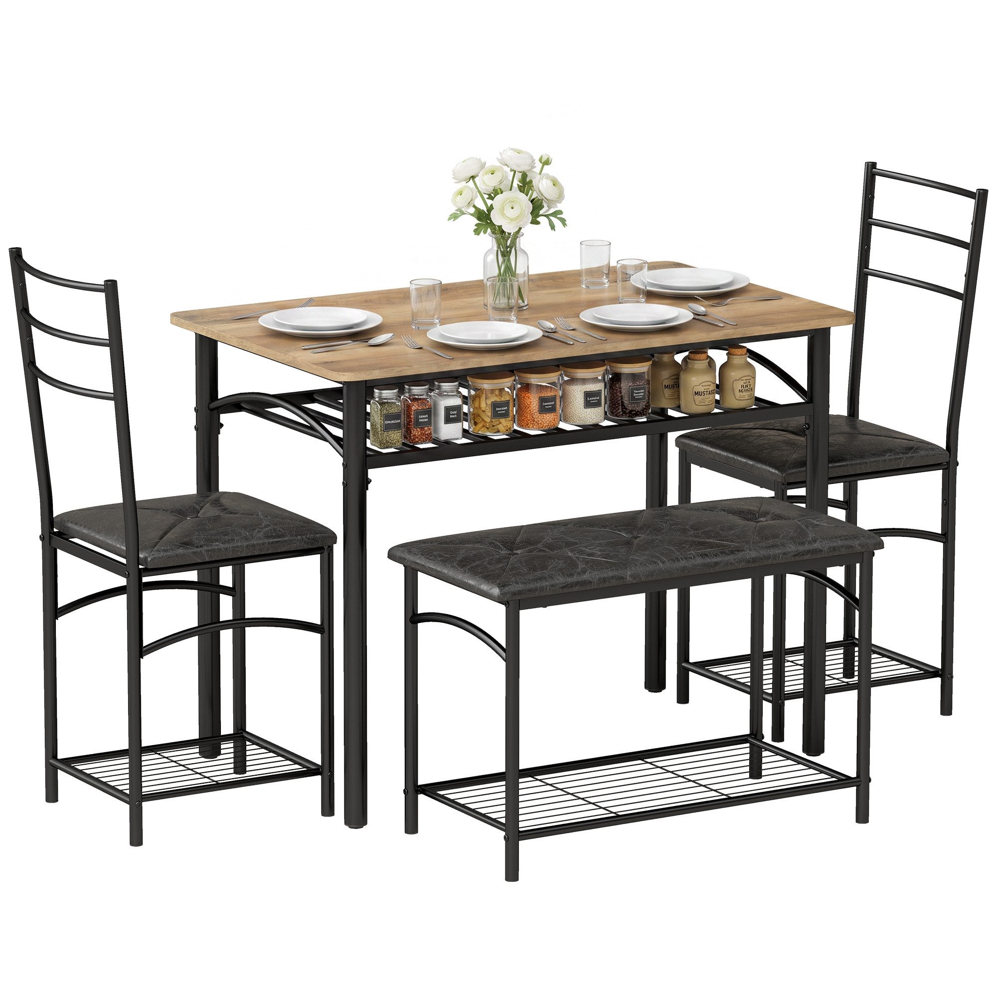 HOMCOM Essgruppe Esstisch-Set für kleine Räume, (Set, 4-tlg., 1 Tisch, 2 Stühle, 1 Bank), Platzsparend mit Ablage und Stauraum – Bild 2 von 5