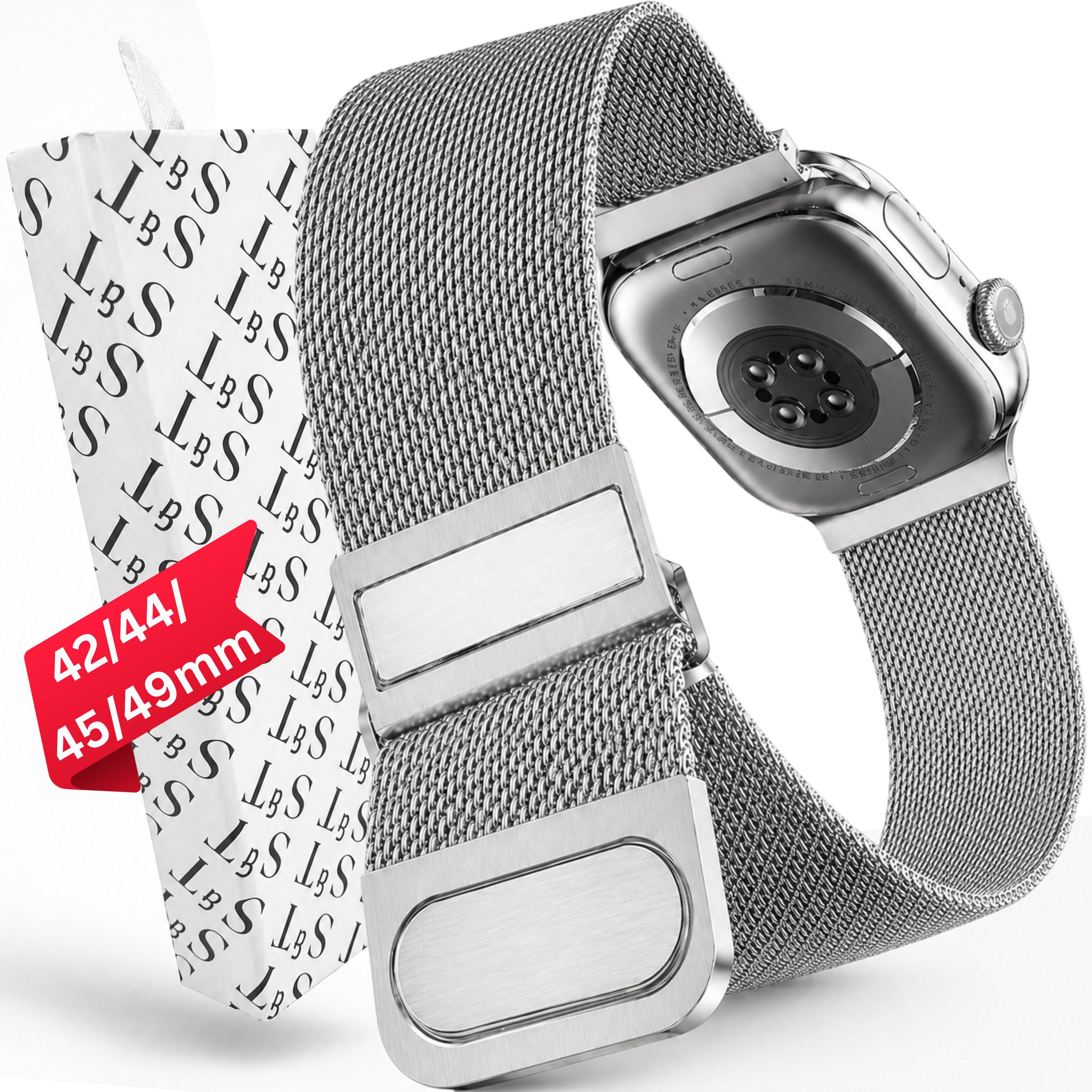 S&T Design Smartwatch-Armband Armband Edelstahl für Apple Watch Doppel Magnetischer Mesh Milanaise, Kompatibel mit Apple Watch 38 / 40 / 41/ 42 / 44 / 45 / 46 / 49 Metall