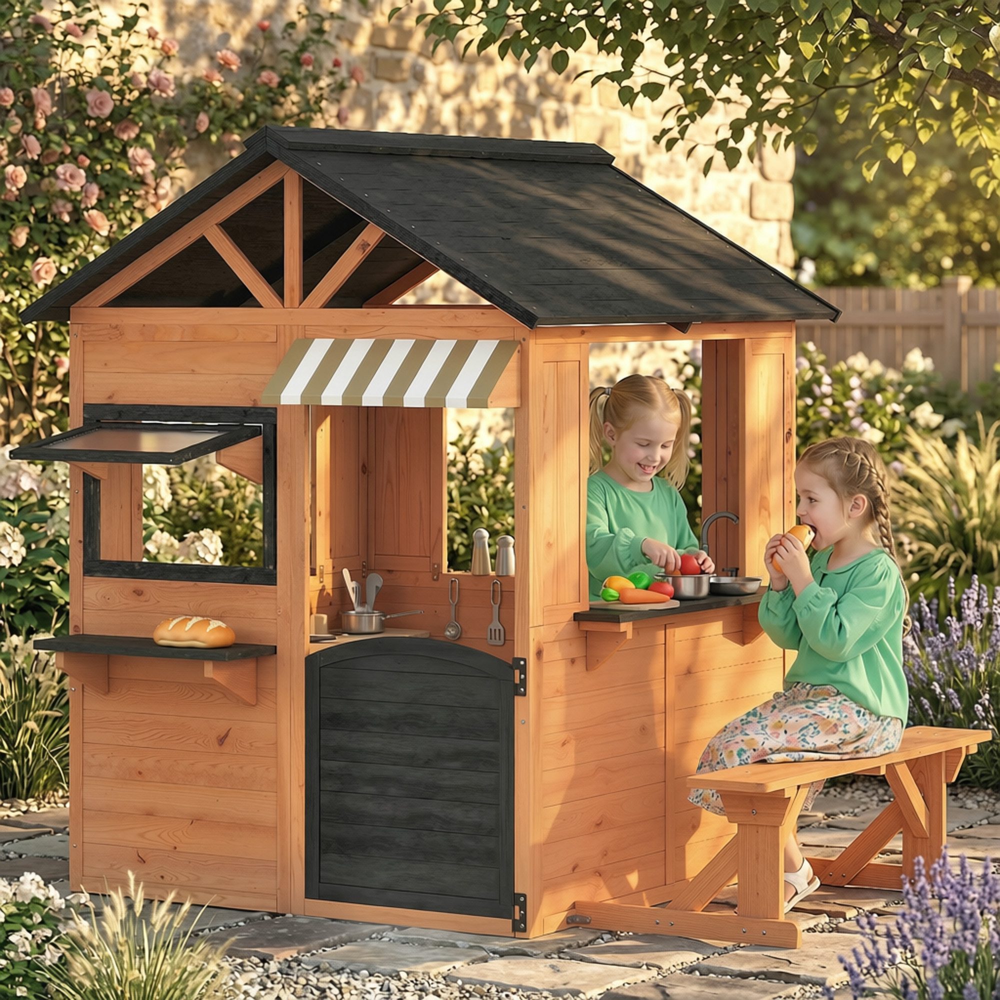 AIYAPLAY Spielhaus Kinderspielhaus aus Holz Outdoor mit Spielküche, Bank, für Kinder von 3-8 Jahren 171,5 x 146 x 156 cm Braun
