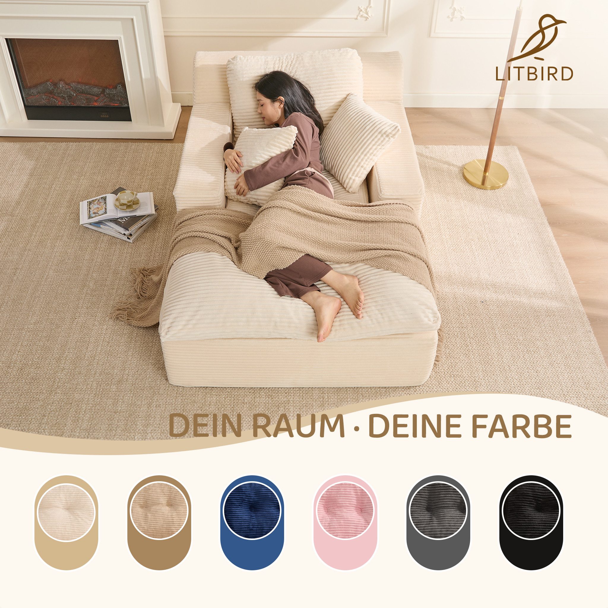 LITBIRD Chaiselongue 160 cm Loungesofa, Boneless Bodensofa & Schlafsofa mit Schlaffunktion, 1 Teile, Platzsparendes Cloud Sofa mit Armlehnen für Wohnzimmer