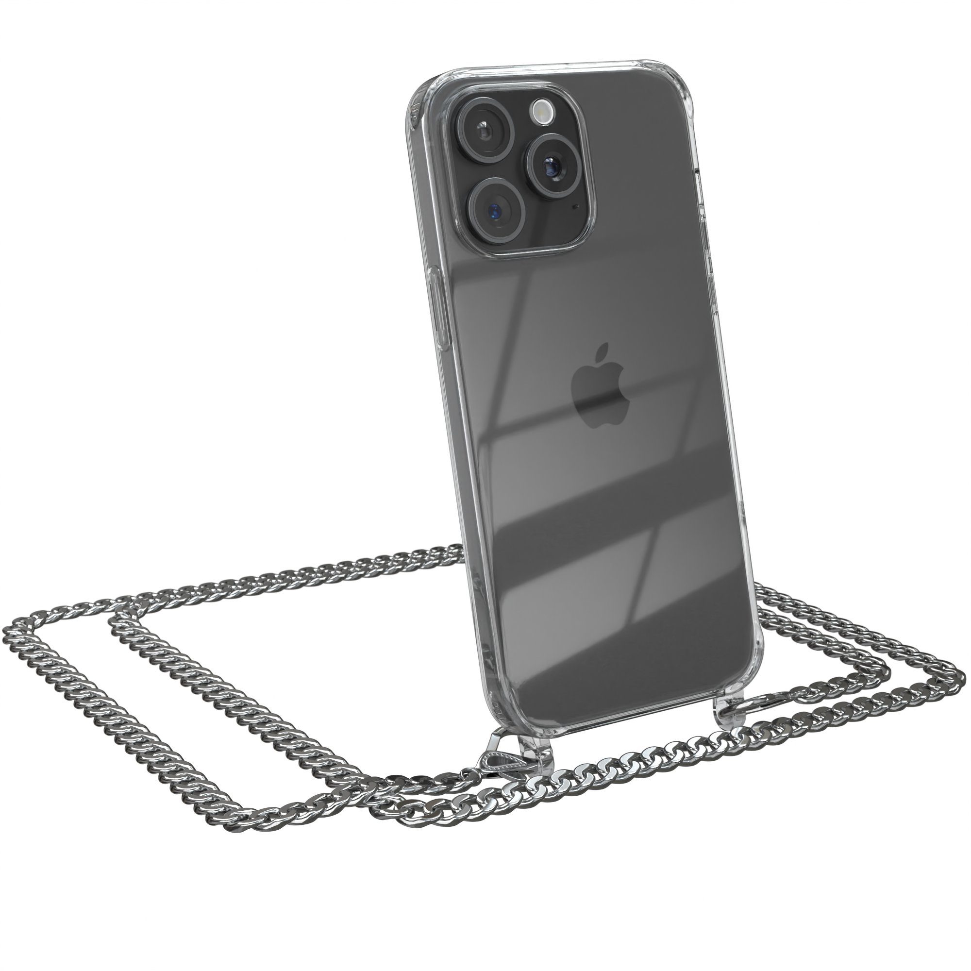 EAZY CASE Handykette Metallkette Magsafe Hülle für iPhone 15 Pro Max 6,7 Zoll, Hülle mit Kette Metallkette Slimcover Handykette Umhängetasche Silber