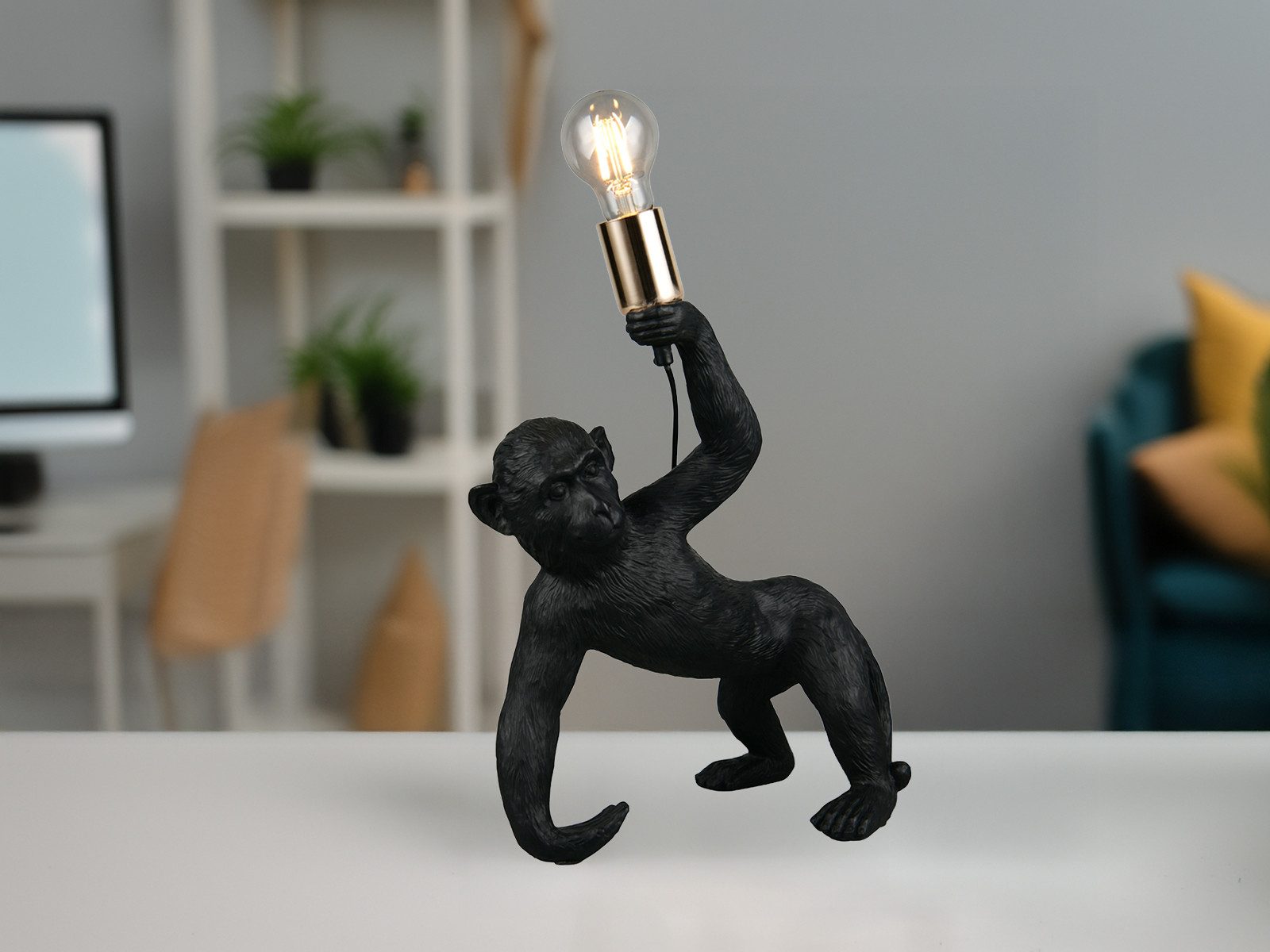 Reality Leuchten LED Nachttischlampe, Dimmfunktion, LED wechselbar, warmweiß, groß-e Tischlampe ausgefallen-e besondere Affenlampe Schwarz, H: 42cm