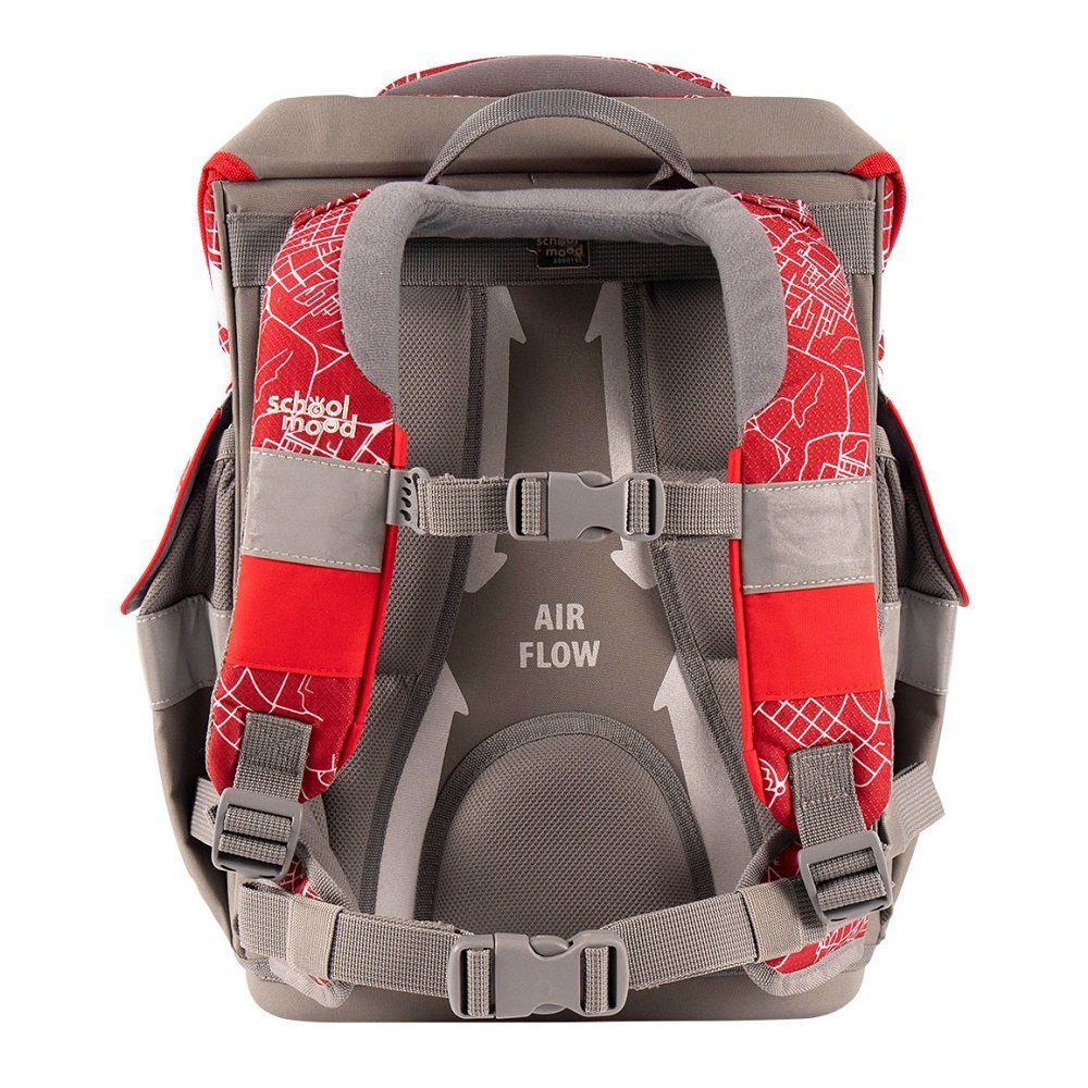 SCHOOL-MOOD® Schulranzen Timeless Air+ für Jungen von der 1. bis 4. Klasse Grundschule (Set, 6-tlg), im Red Bull Leipzig Stil mit passenden Patchies