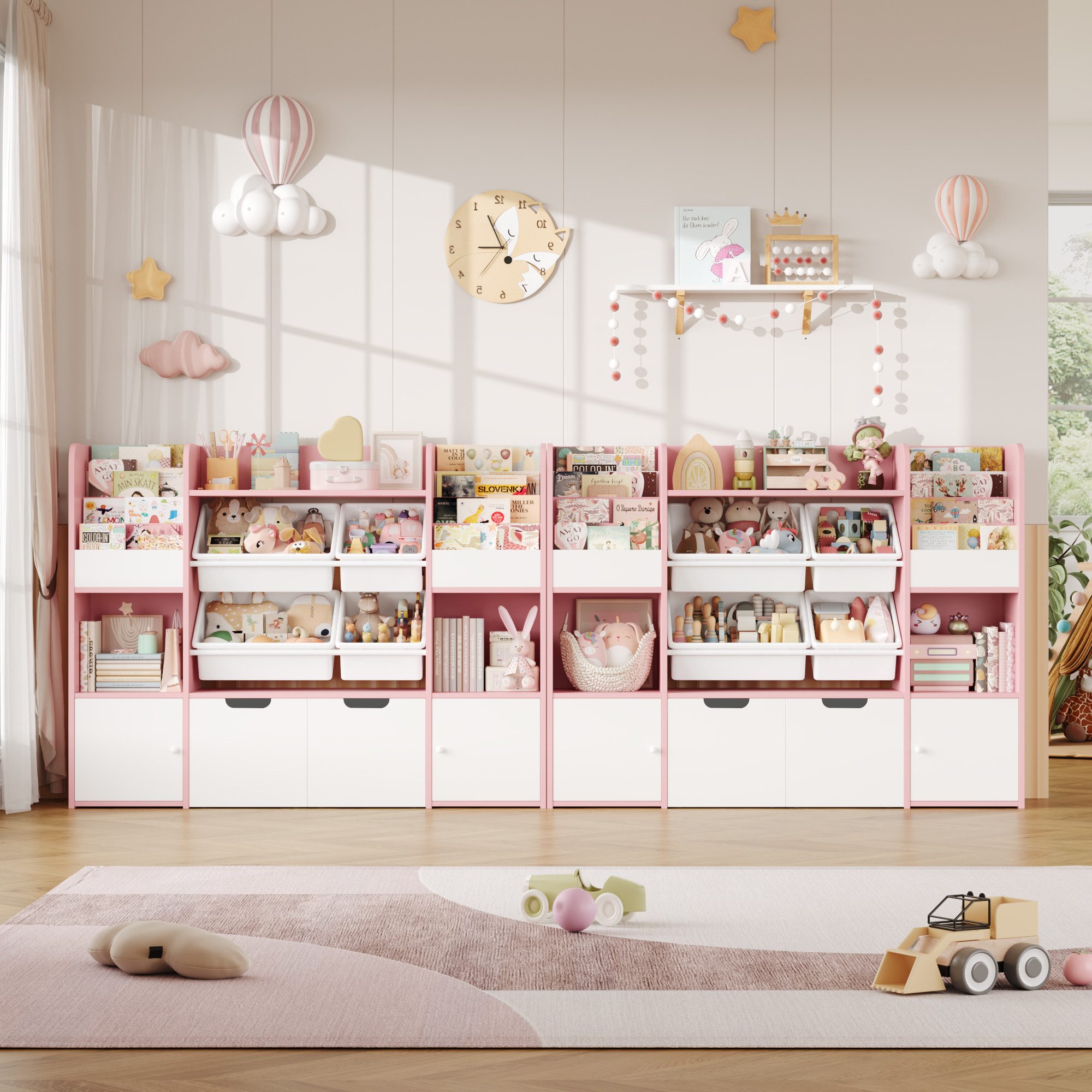 Homfa Spielzeugtruhe Kinderregal mit 2 Schubladen auf Rollen & 4 Boxen Büch günstig online kaufen