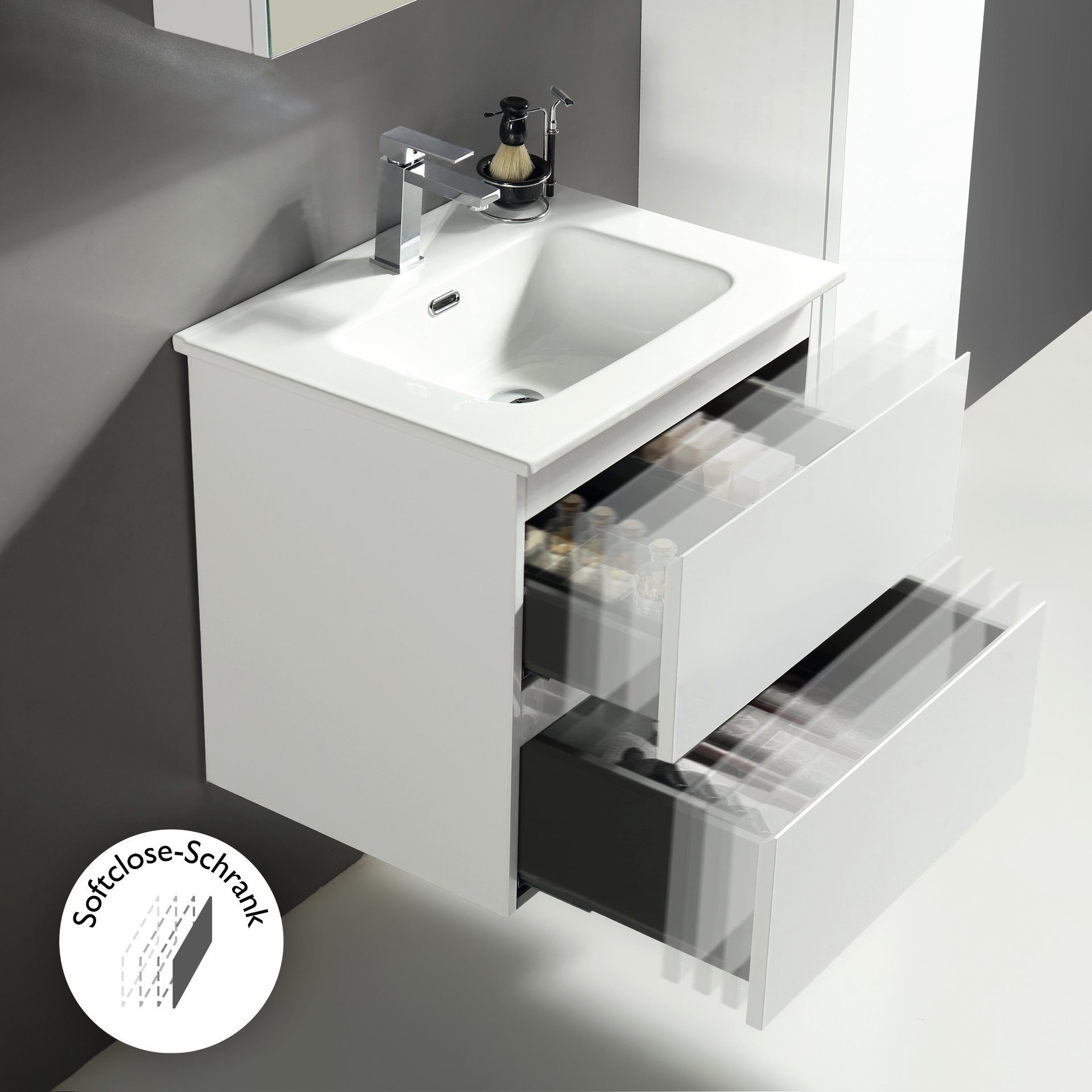 Alpenberger Waschtisch mit Unterschrank - Badmöbel Gäste WC Waschbecken mit Unterschrank (60 cm Breit - Farbe Weiß, Keramik Aufsatzwaschbecken mit Unterschrank) – Bild 3 von 5