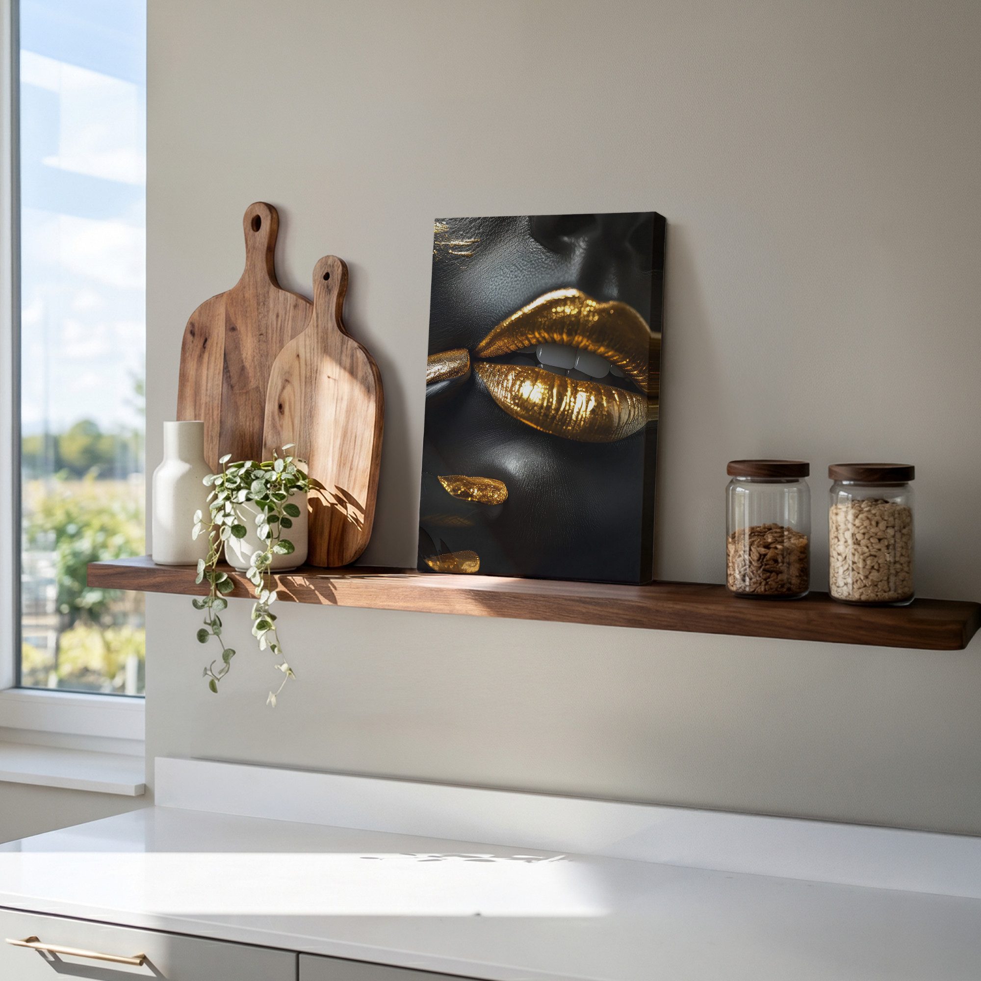 OneMillionCanvasses® Leinwandbild Lippen - Gold - Abstrakt - Schwarz - Frau, Fotodruck (1 St), Leinwand Canvas Wandbild, Wanddekoration 20x30 cm – Bild 5 von 5