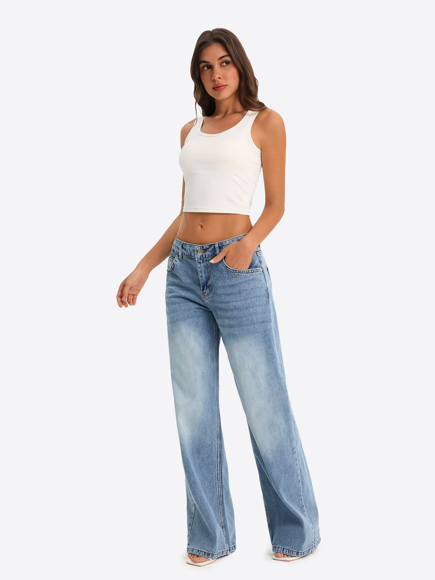 Imily Bela Gerade Jeans Damen Straight Wide Leg Jeans (Packung, 1-tlg., 1per-Pack) 5-Pocket-Style