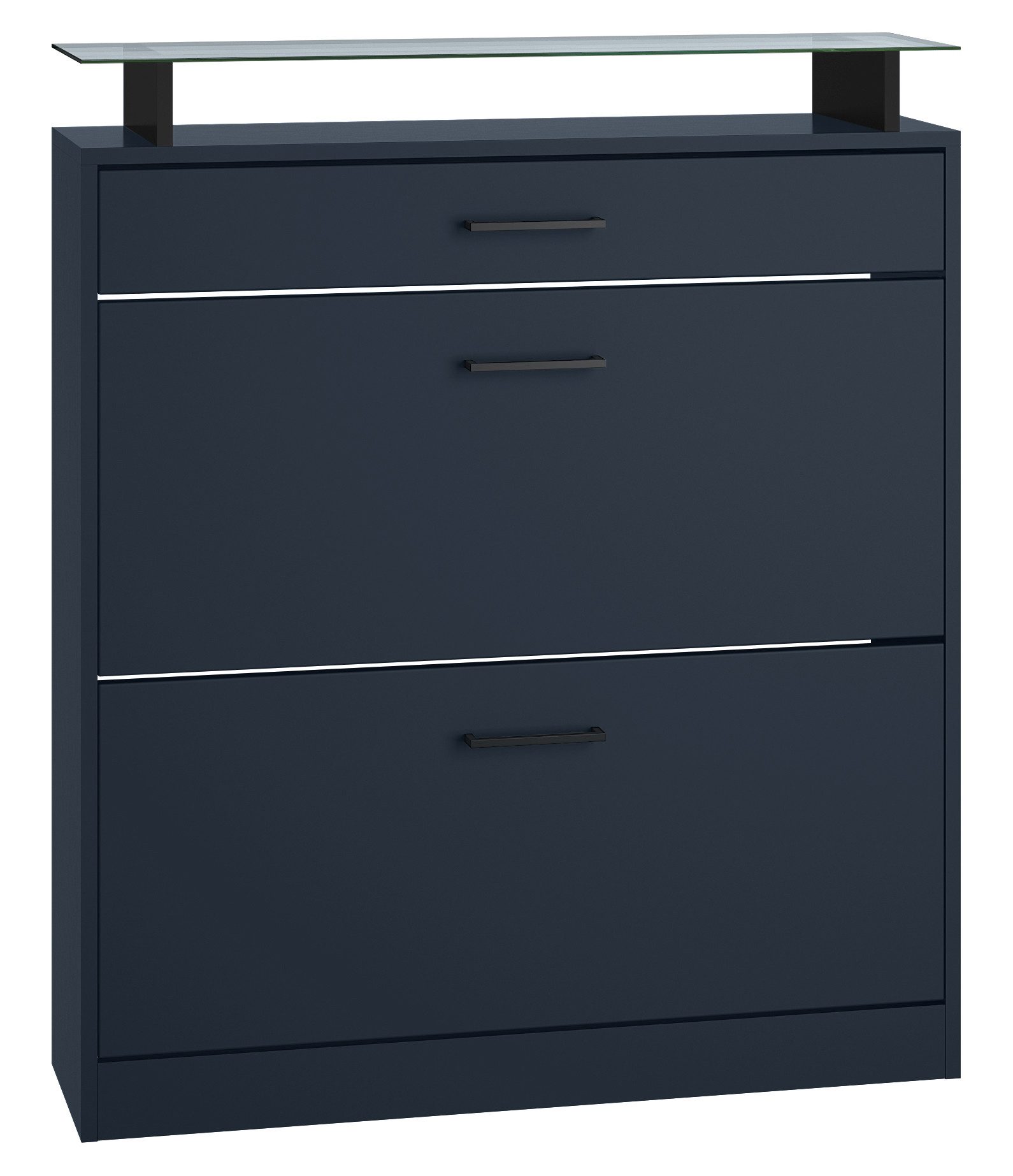 Vladon Schuhschrank Enigma (Schuhkipper, für 16 Paar Schuhe mit 2 Klappen und 1 Schublade und Glasablage) Royal Blau (89 x 104 x 23 cm)