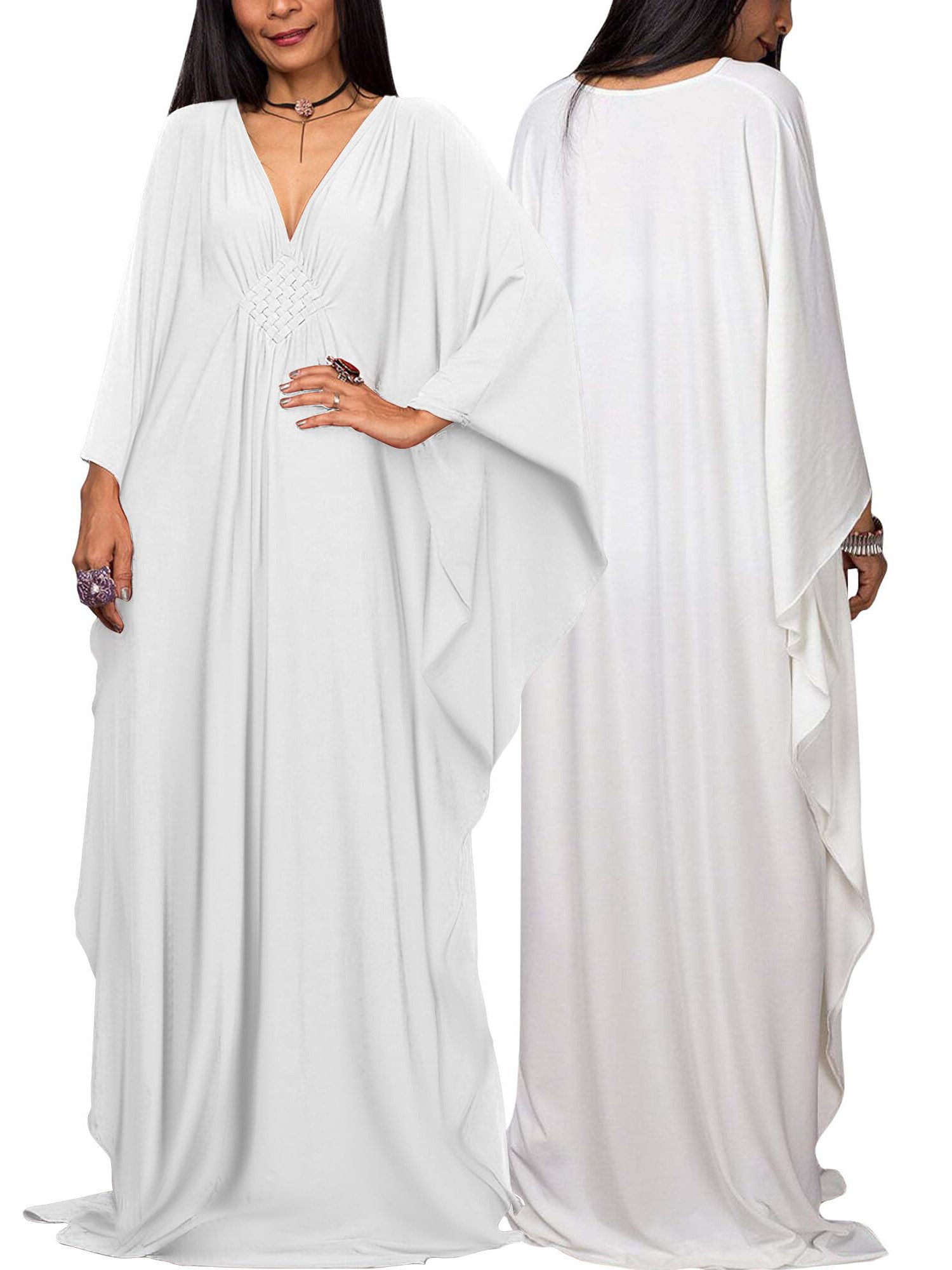 Strandkleid Kaftan-Kleid Kimono Strandtunika schlicht V-Ausschnitt Fledermausärmel