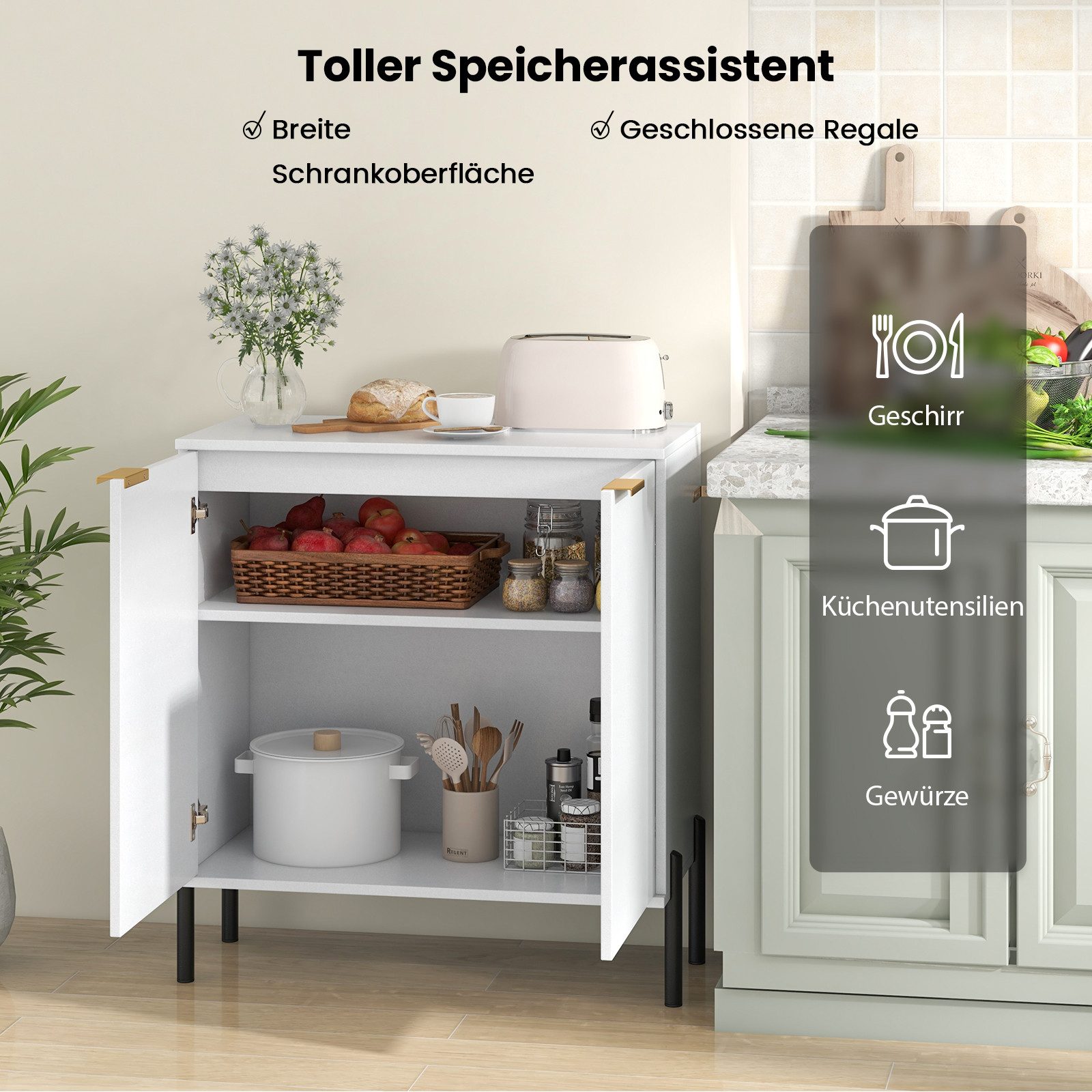 COSTWAY Küchenbuffet mit 2 Türen Sideboard Holz 70x37x78cm, Weiß