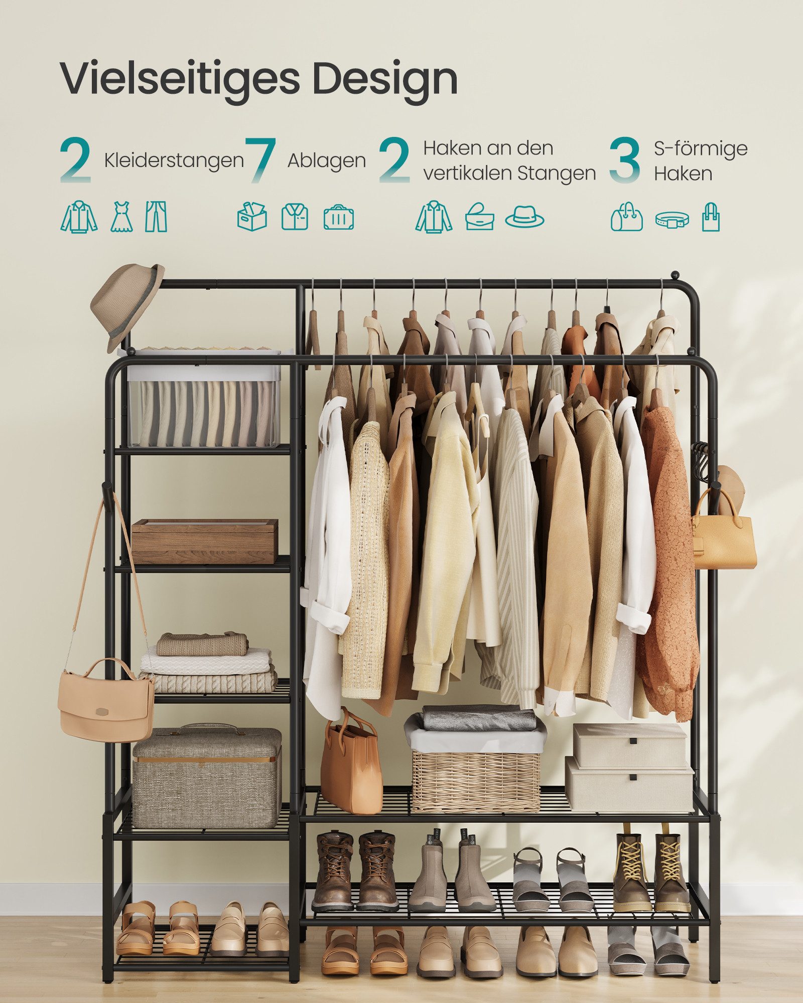 SONGMICS Kleiderständer Offener Kleiderschrank, Garderobenständer, mit Kleiderstange und 7/9 Ablagen, Metallrahmen