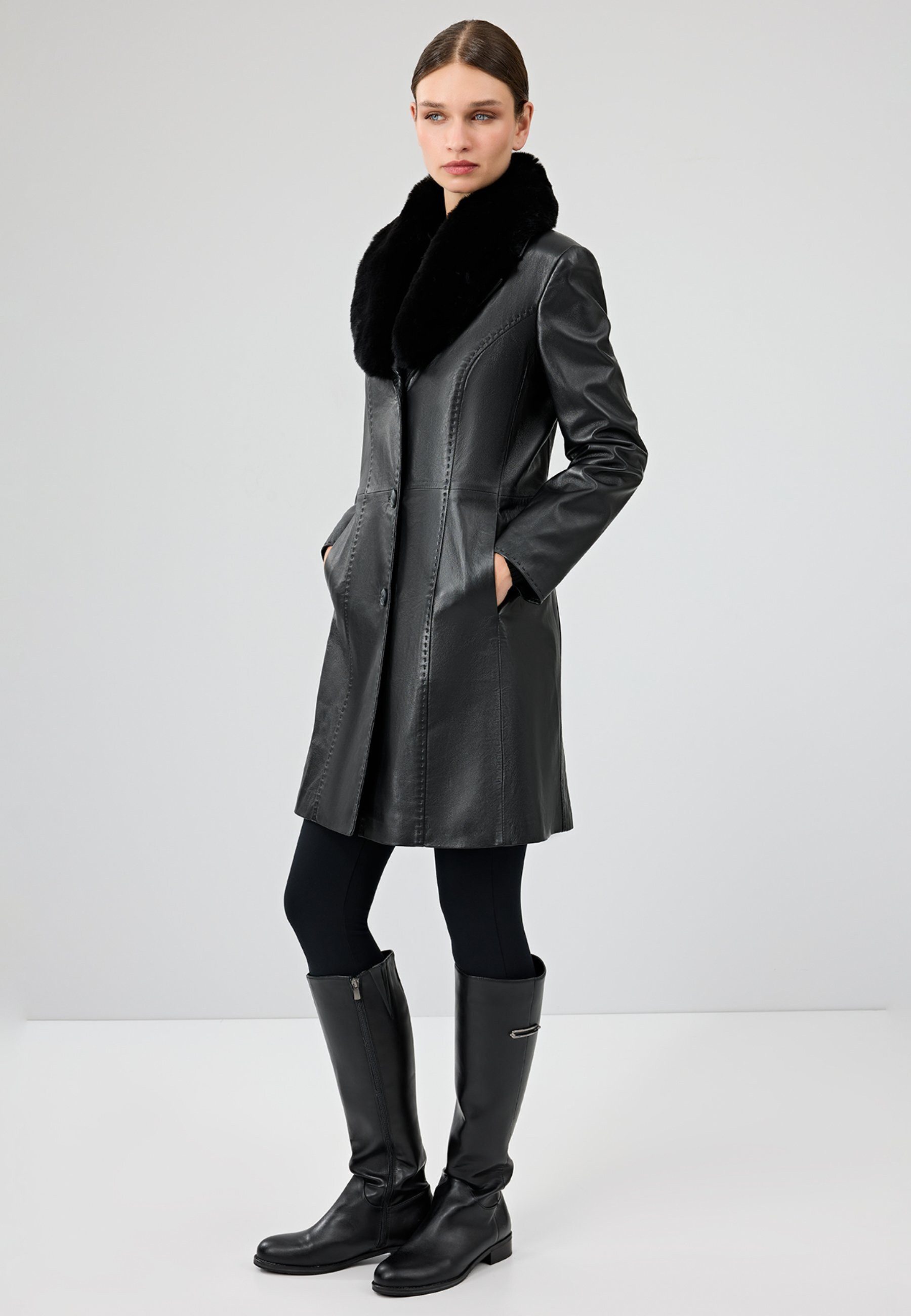 Derimod Lederjacke Christina Langer Leder-Mantel mit Kunstfell