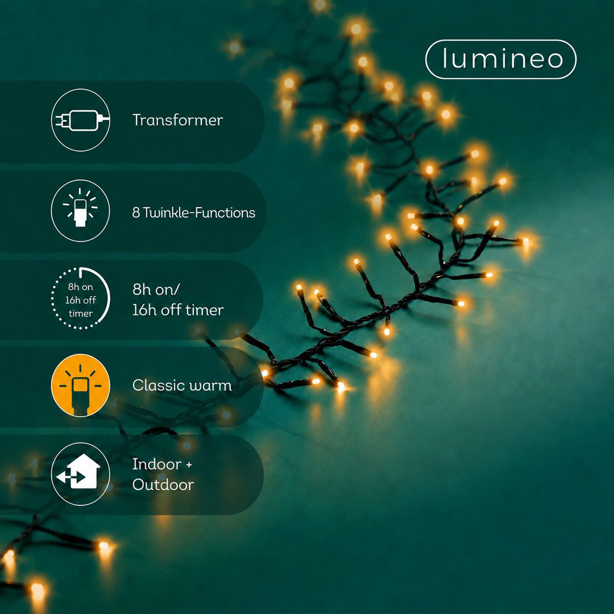 Lumineo LED-Lichterkette Lumineo Lichterkette EXCELLENT TWINKLE 960 LED 15 m klassisch warm, Indoor/Outdoor, 8 Effekte, 8h-Timer, + 5 Meter Zuleitung