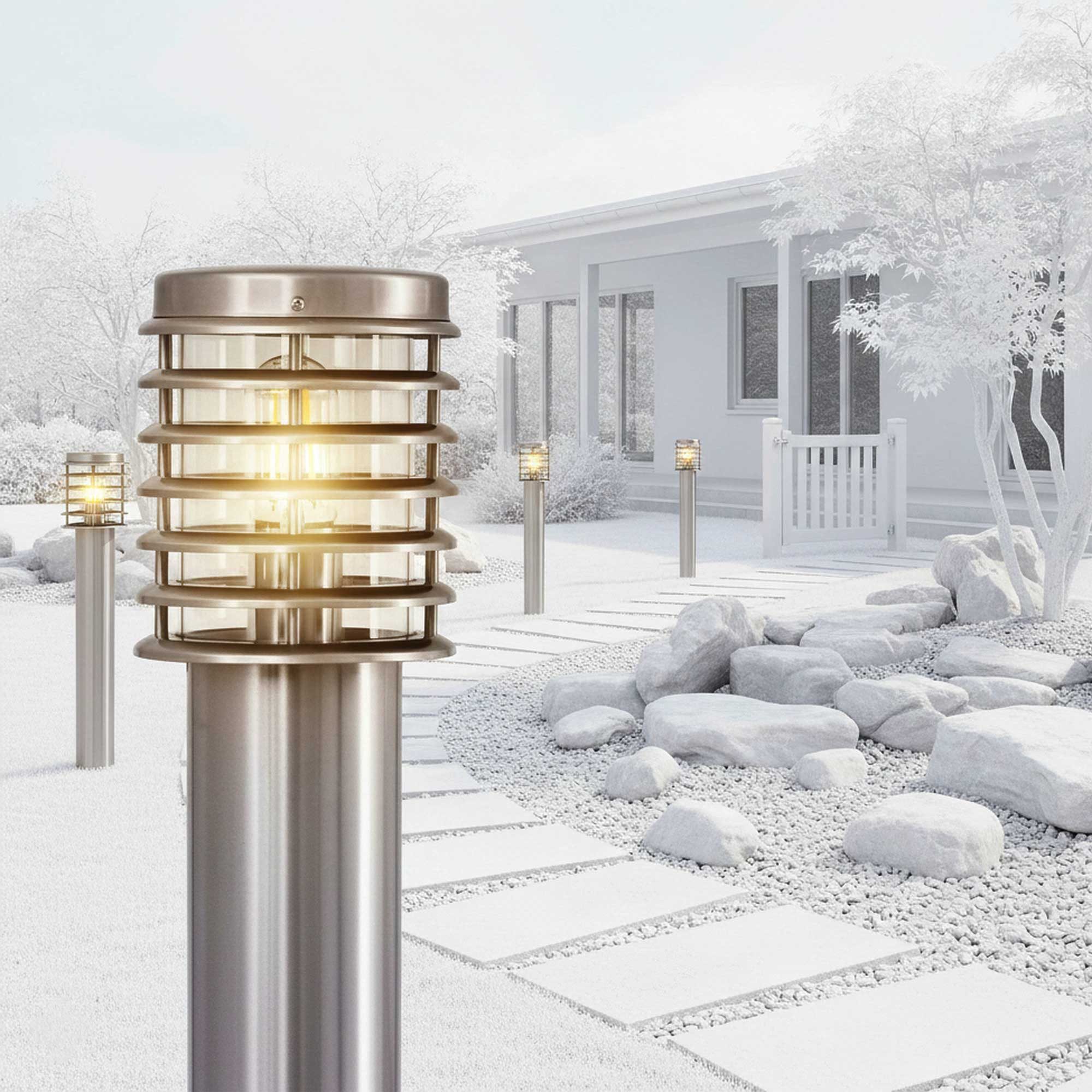 Maxkomfort Außen-Stehlampe 252D-800, ohne Bewegungsmelder, ohne Leuchtmittel, Außenstandleuchte asu Edelstahl und Glas mit E27 Fassung
