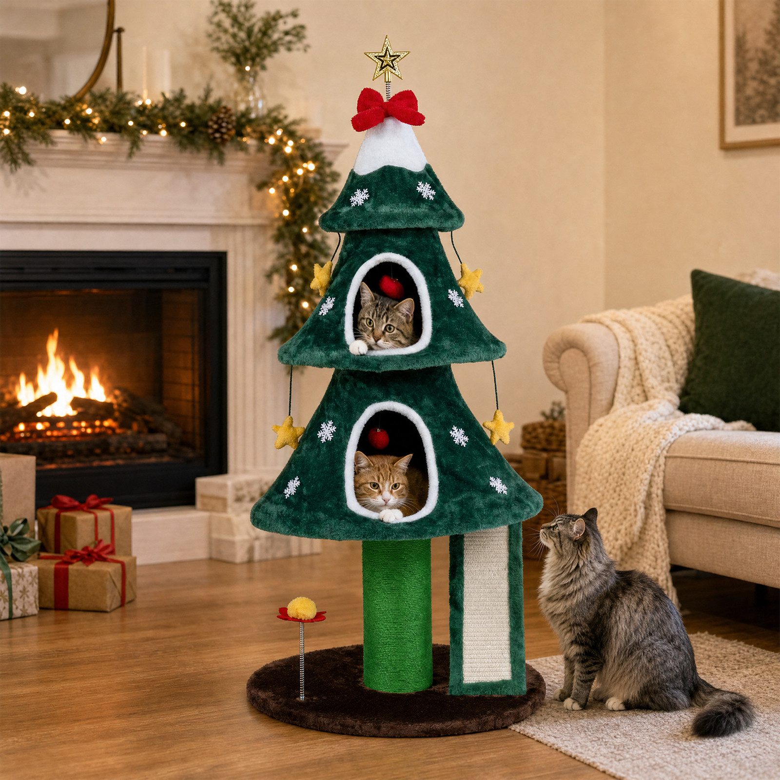 COSTWAY Kratzbaum Katzenbaum Weihnachten, Weihnachtsbaum-Design mit 2 Höhlen & Kratzbrett