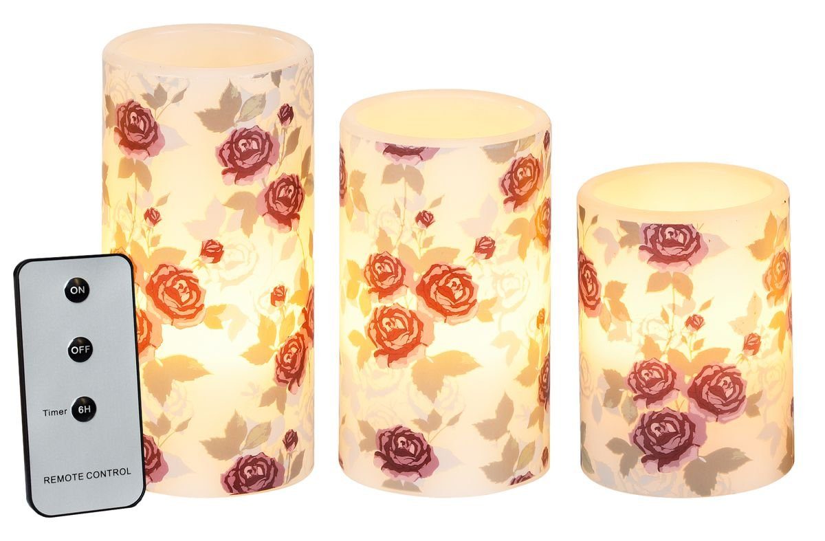 JACK LED-Kerze 3er Set Kerze Rosen LED Echtwachskerze mit Fernbedienung +  Timer Rose (3-tlg), 10 cm + 12,5 cm + 15 cm Kerze Ø 7,5 cm flackender Docht  Kerzen