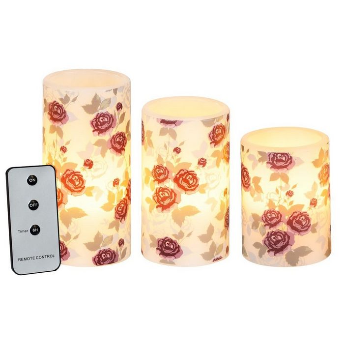 JACK LED-Kerze 3er Set Kerze Rosen LED Echtwachskerze mit Fernbedienung + Timer Rose (3-tlg) 10 cm + 12 5 cm + 15 cm Kerze Ø 7 5 cm flackender Docht Kerzen