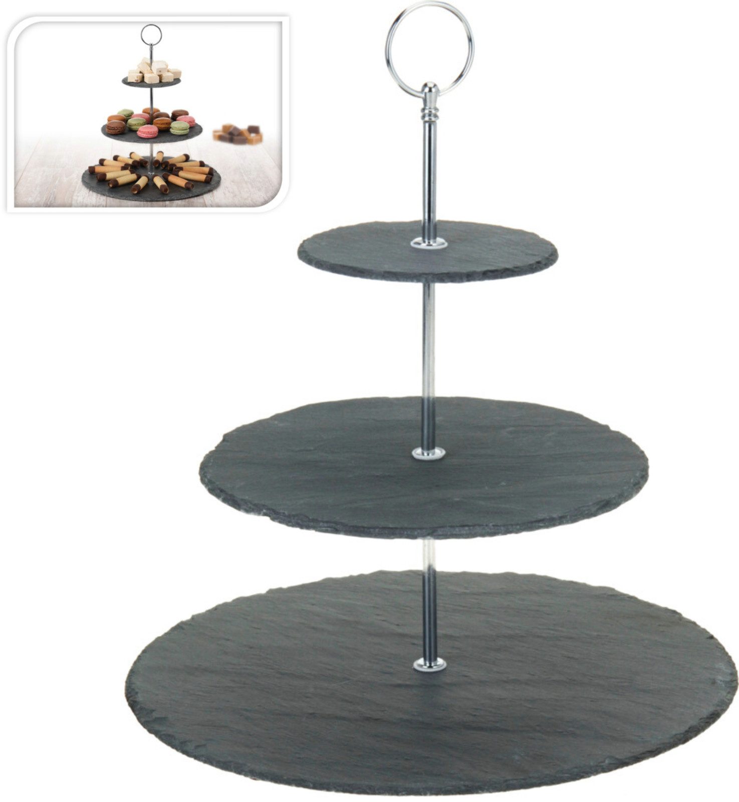 Koopman Etagere Servierständer 3 Etagen Ablage Schiefer Griff Ø 33/22/12 cm, Schiefer, (1-tlg), Schiefer, mit Tragegriff, 3 Ebenen, Modern