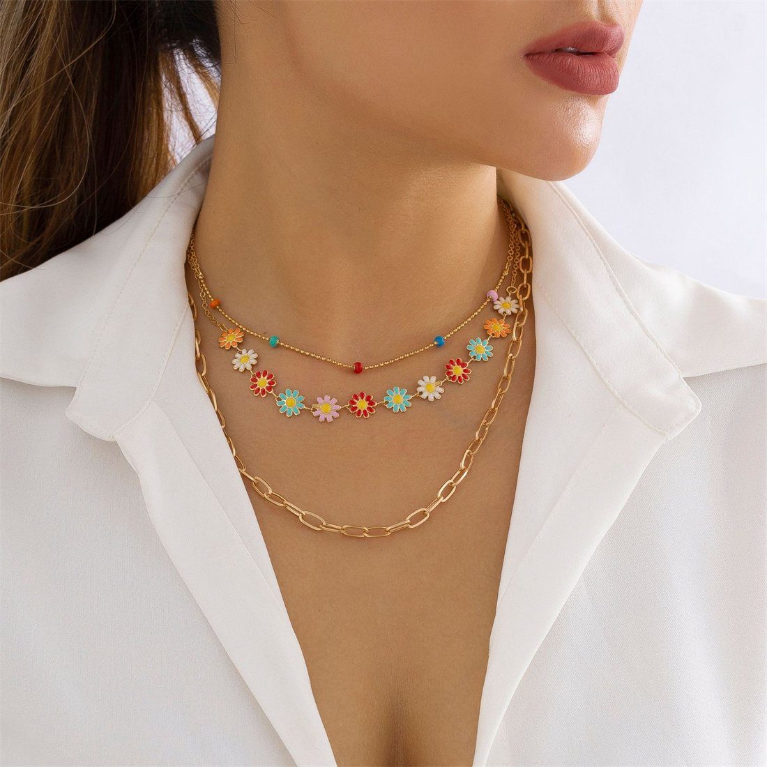 Choker-Set Gänseblümchen-Halskette mehrschichtige für DÖRÖY böhmische Halskette Frauen,