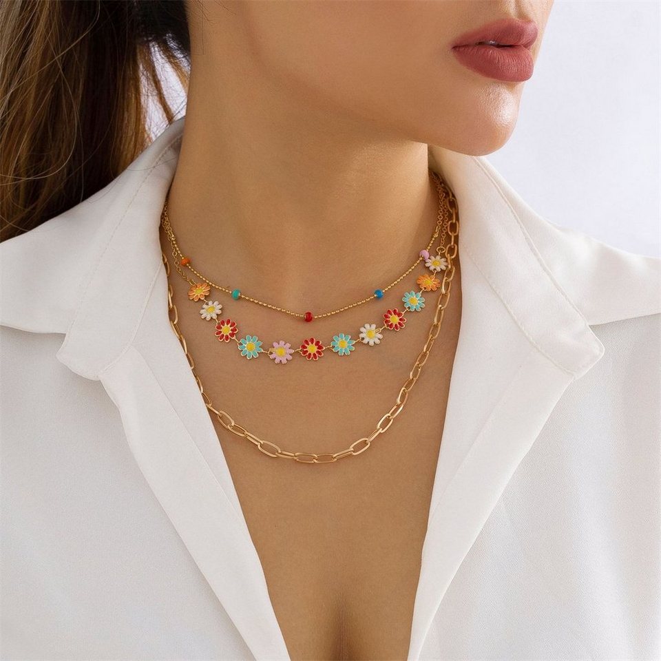 DÖRÖY Choker-Set Gänseblümchen-Halskette für Frauen, böhmische  mehrschichtige Halskette