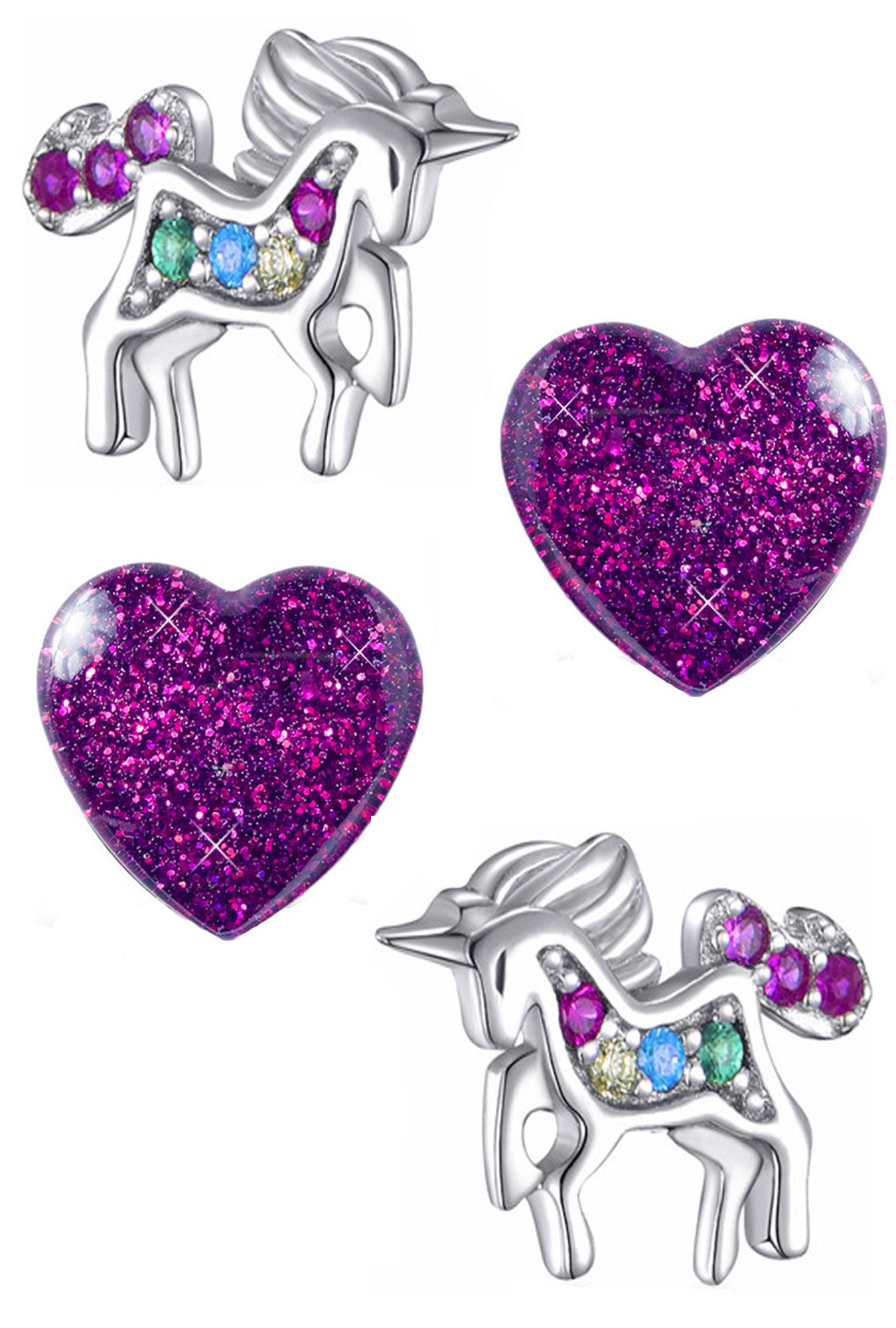 Limana Ohrstecker-Set 925 Silber Einhorn Pferde Herz Edelstahl Kinderohrringe, Kinderschmuck mit Zirkonia und Glitzer