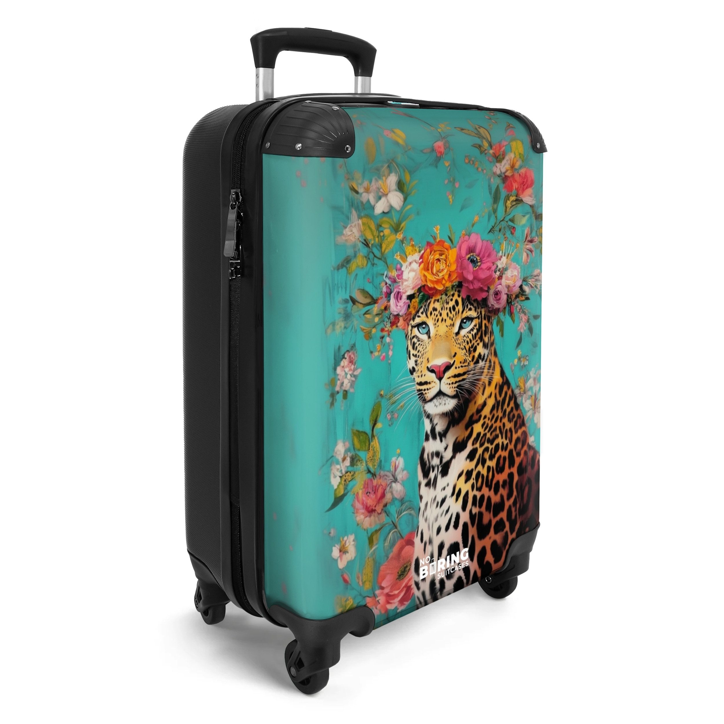 NoBoringSuitcases.com© Hartschalen-Trolley Leopard mit Blumenkrone auf günstig online kaufen