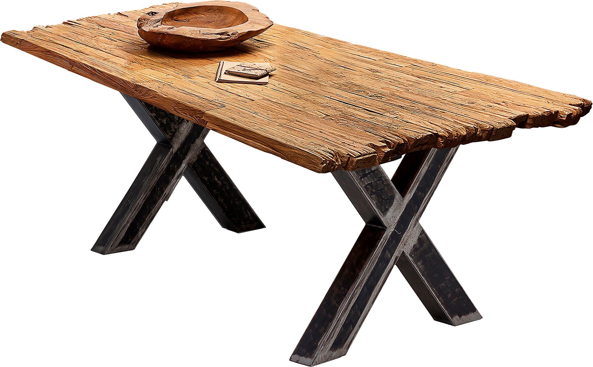 SIT Esstisch Avola aus recyceltem Teak mit 50-mm-Platte & X-Gestell, 50-mm-Teakplatte mit gewollten Bruchkanten an den kurzen Seiten